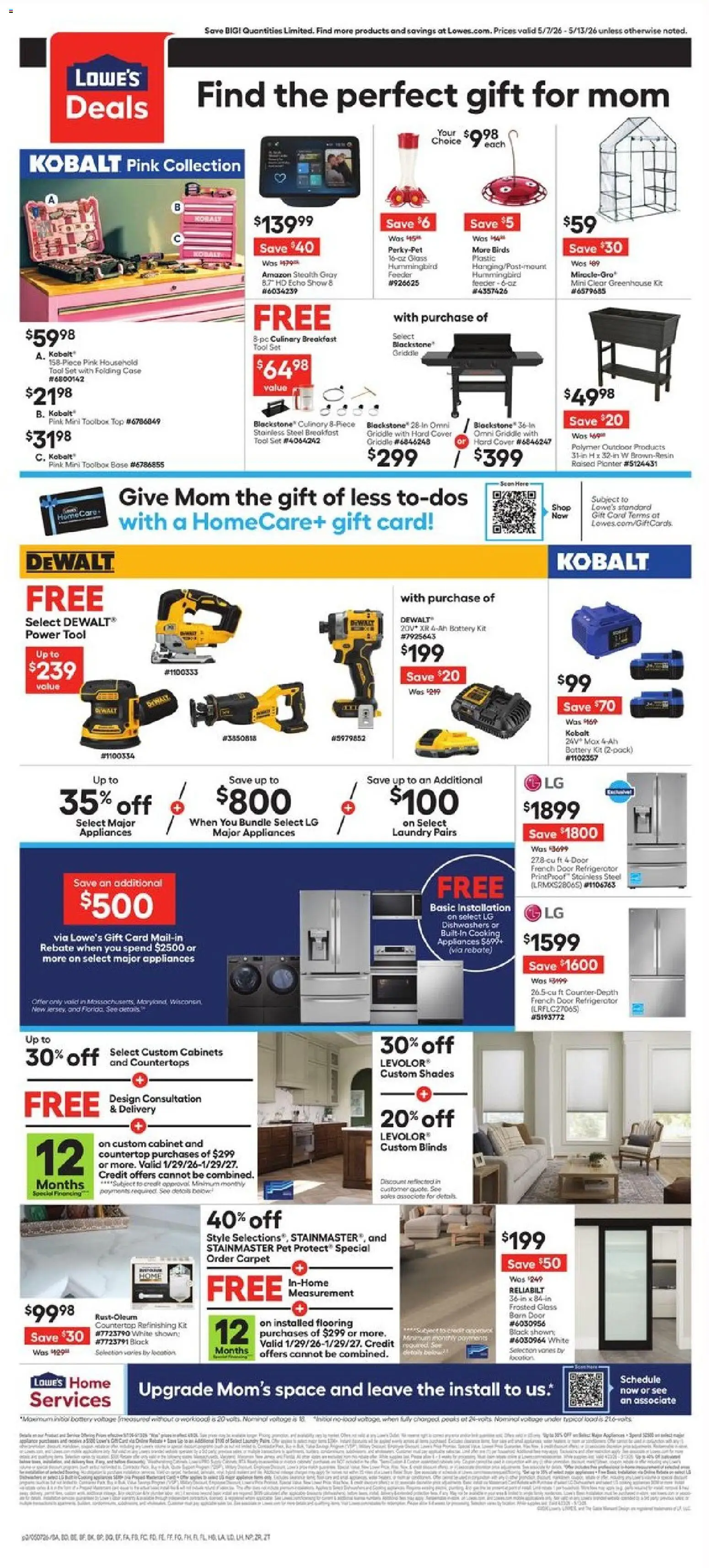 Lowe's Weekly Ad - valid from 07.05.2026 | Page: 2 | Products: Battery, Carpet, Griddle, Refrigerator
