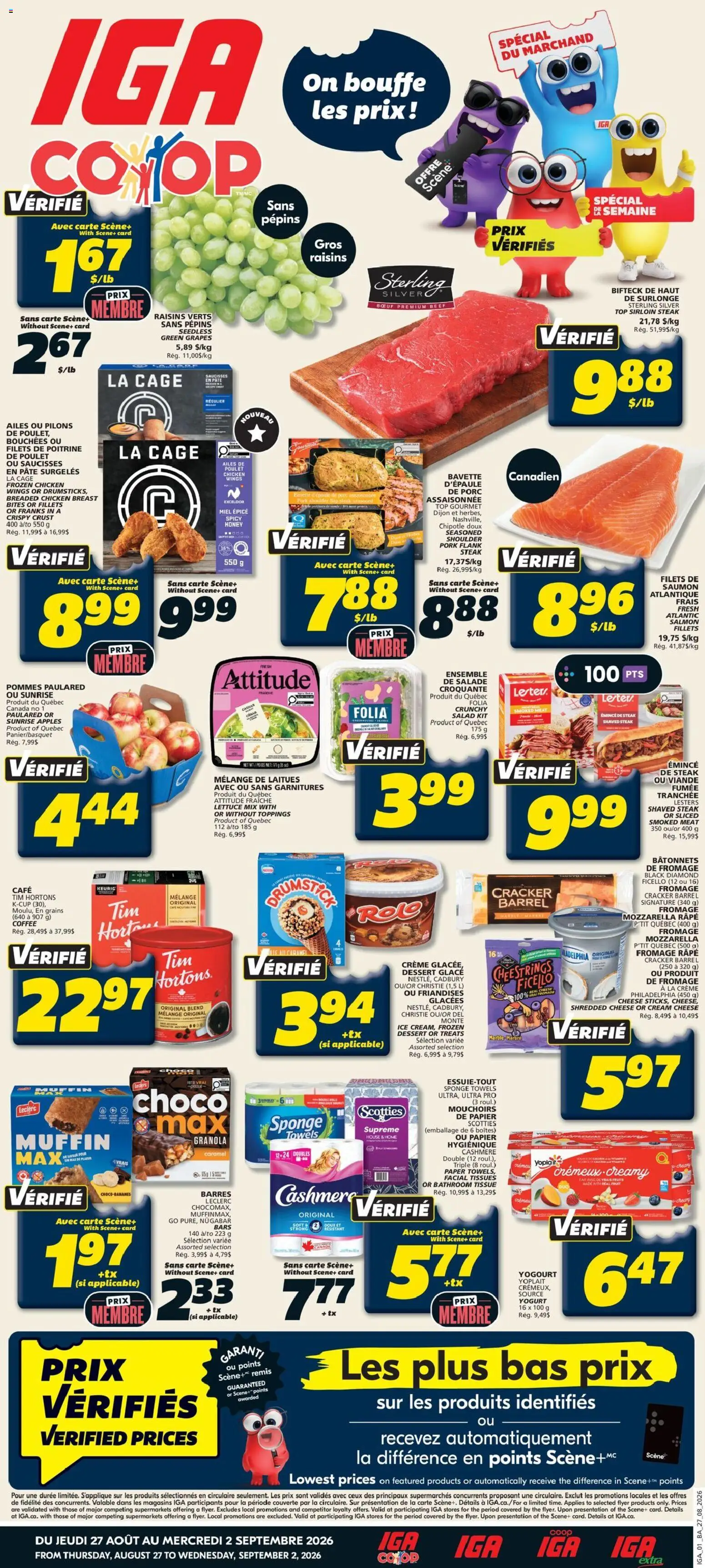 IGA flyer valid from Aug 27, 2026 | Page: 1 | Products: Salmon, Honey, Chicken breast, Apples