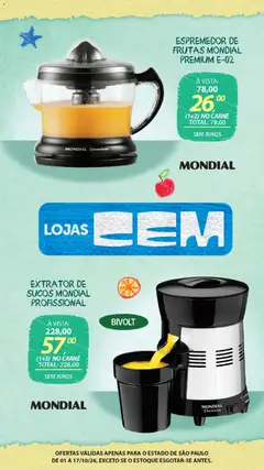 Lojas Cem - Ofertas atuais - Pré-Visualização do folheto da loja Lojas Cem, válido de 01/10/2026 | Página: 89 | Produtos: Frutas, Espremedor, Espremedor de frutas, Carne