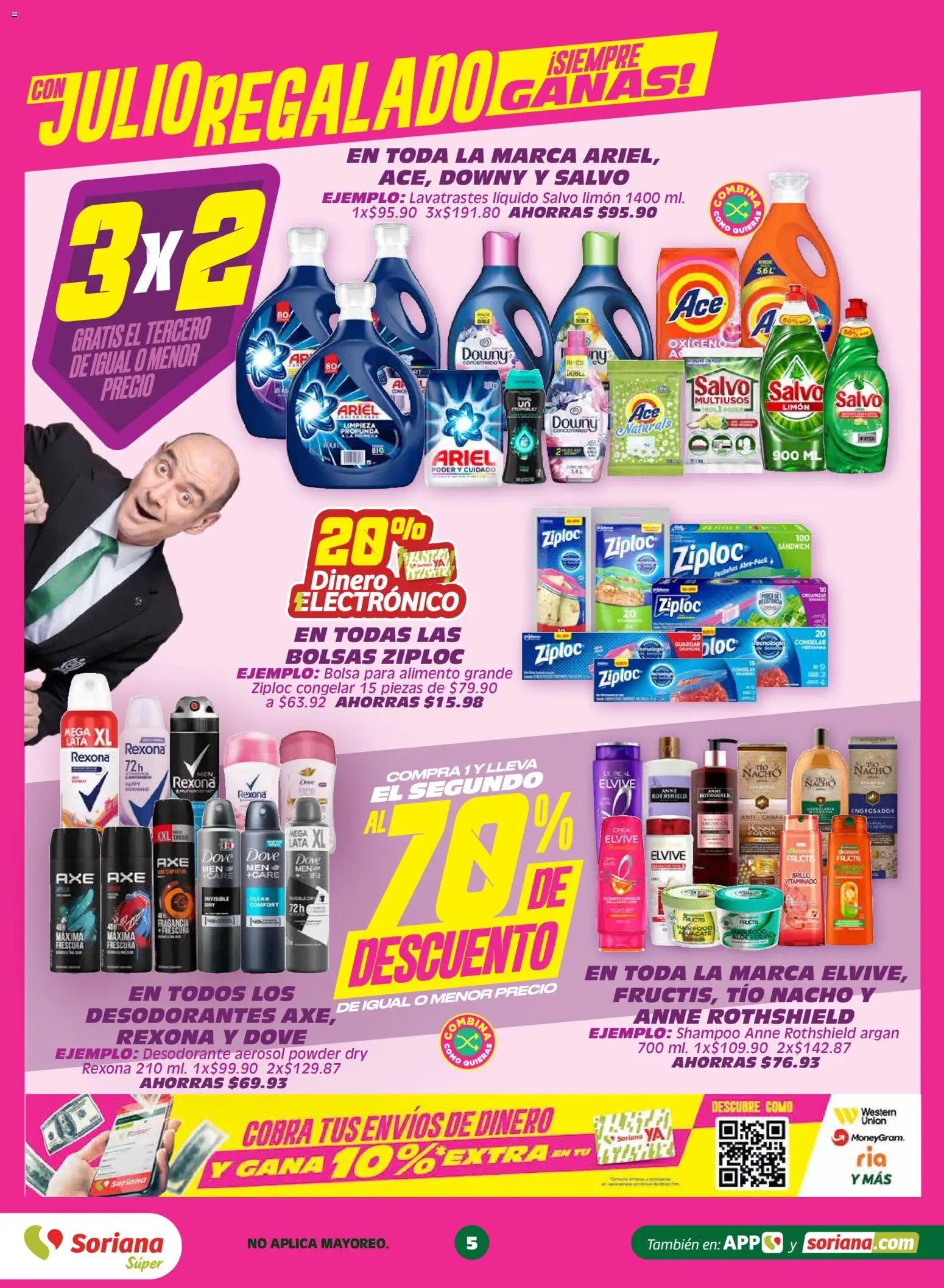 Nuevas ofertas de Soriana válidas en toda la República Mexicana desde el 19.05.2026. ¡Encuentra las mejores ofertas en Soriana Con Julio Regalado siempre ganas Súper Nacional! | Página: 5 | Productos: Desodorante, Bolsa, Brillo, Fragancia