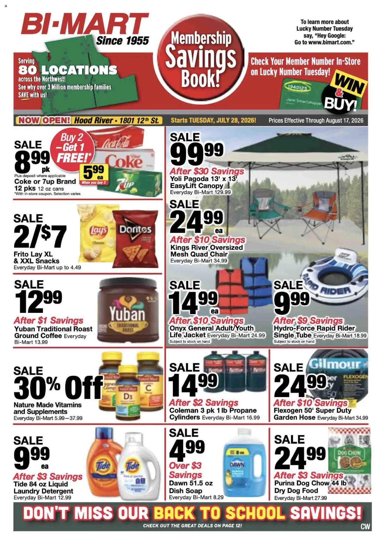 Bi-Mart Membership Savings Book - valid from 07/28/2026 | Page: 1 | Products: Chair, Coffee, Life Jacket, Jacket