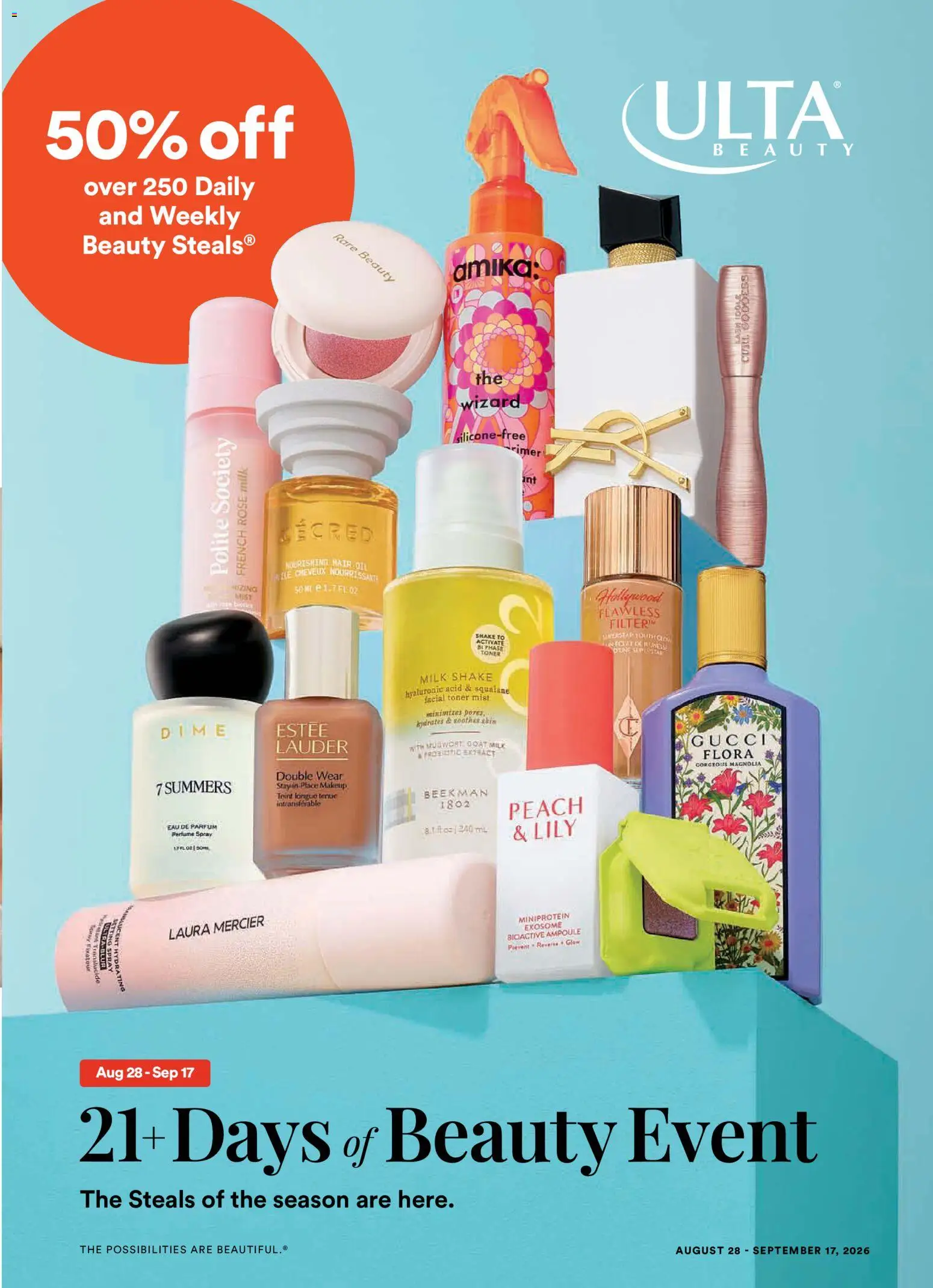 Ulta Beauty Weekly Ad - valid from 08/28/2026 | Page: 1 | Products: Perfume, Milk, Oil, Peach