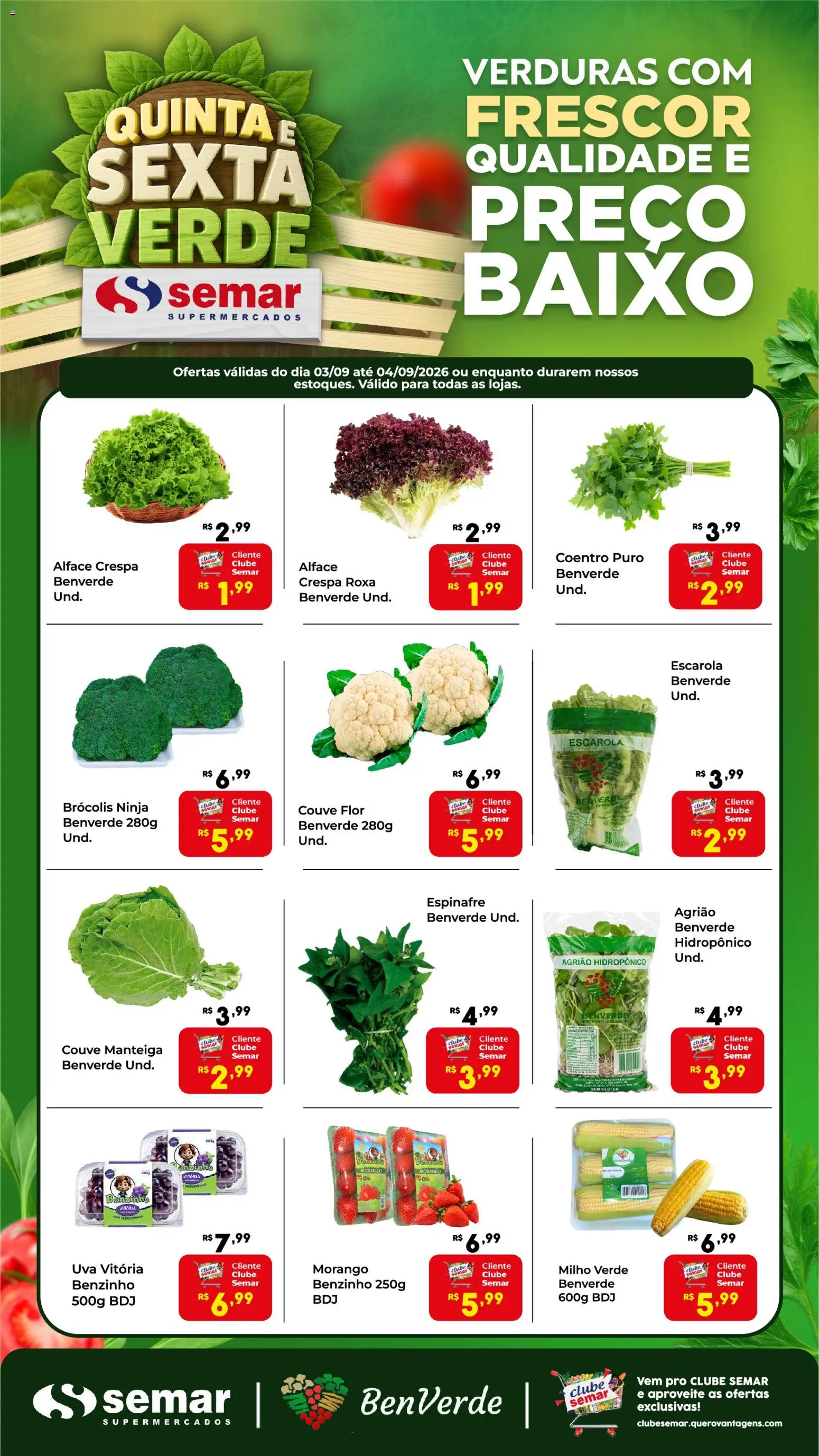Semar Supermercado Folheto - válido de 03/09/2026 | Página: 1 | Produtos: Agrião, Espinafre, Milho verde, Alface