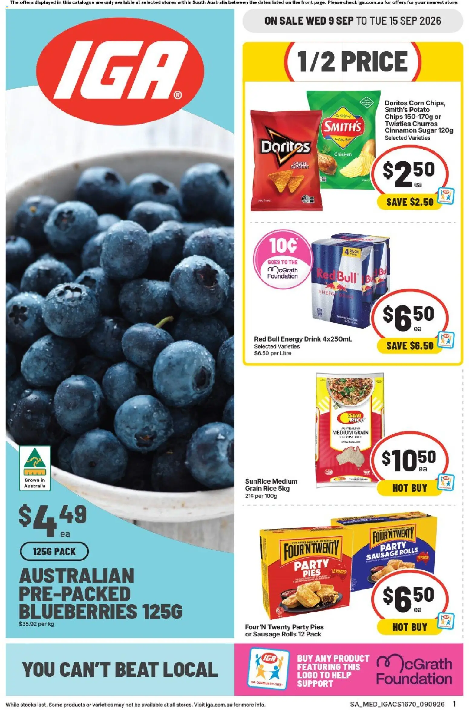 IGA catalogue - valid from 09/09/2026 | Page: 1 | Products: Energy drink, Rice, Red Bull, Pies