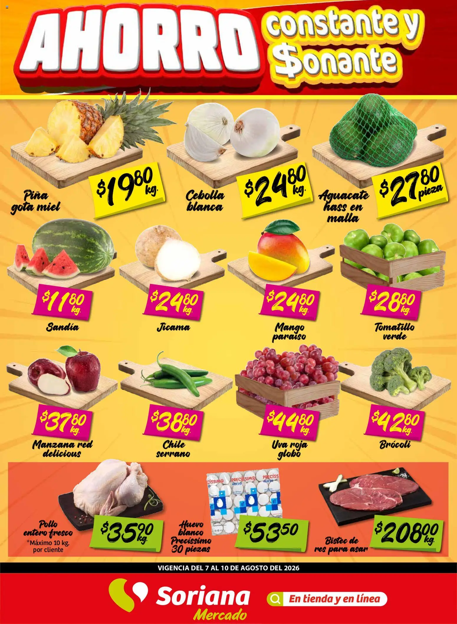 Nuevas ofertas de Soriana válidas en toda la República Mexicana desde el 07/08/2026. ¡Encuentra las mejores ofertas en Soriana Fin de Semana Mercado: Nuevo León! | Página: 1 | Productos: Cebolla, Chile, Sandía, Malla