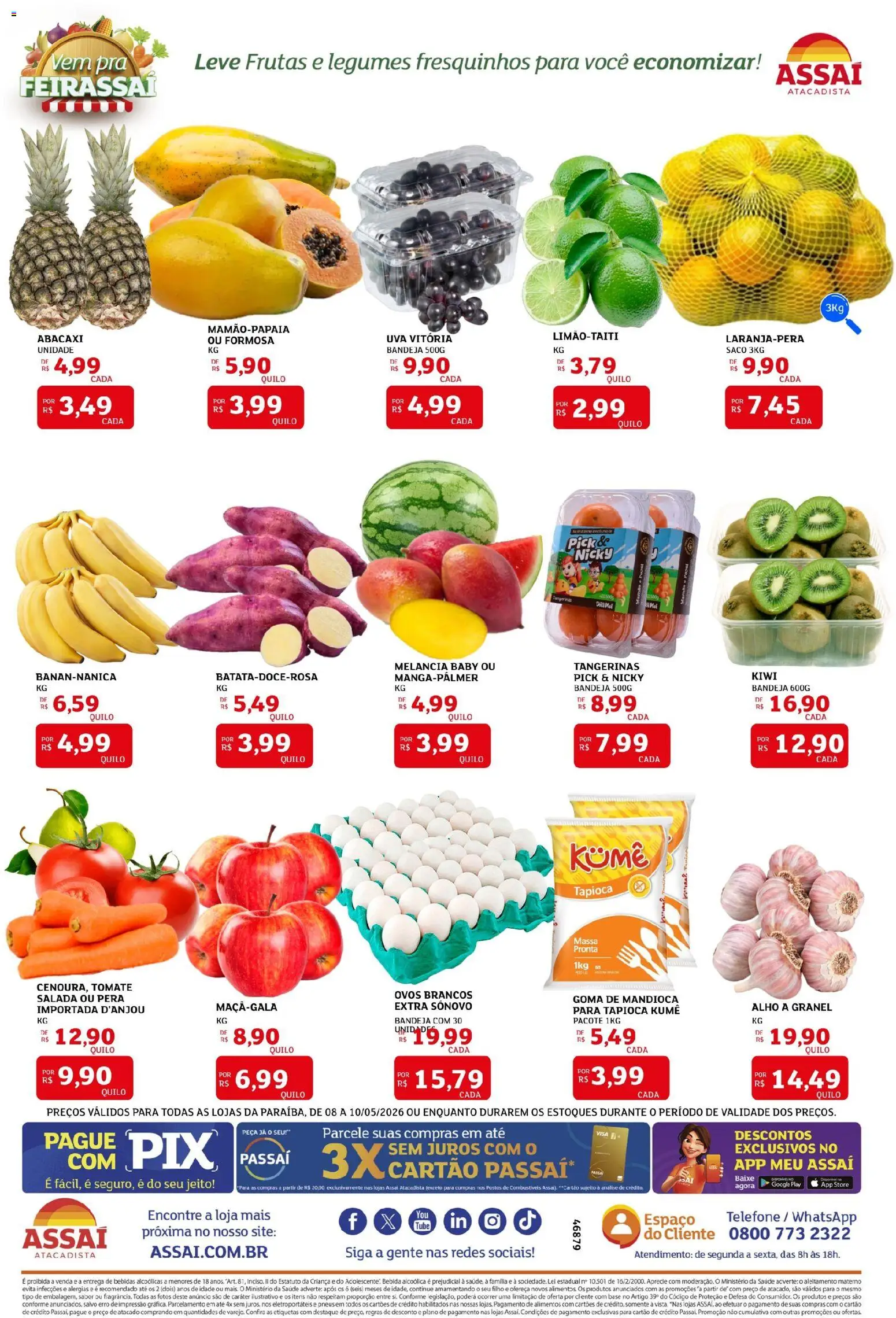 Assaí Atacadista Folheto - válido de 08.05.2026 | Página: 3 | Produtos: Abacaxi, Massa, Salada, Telefone