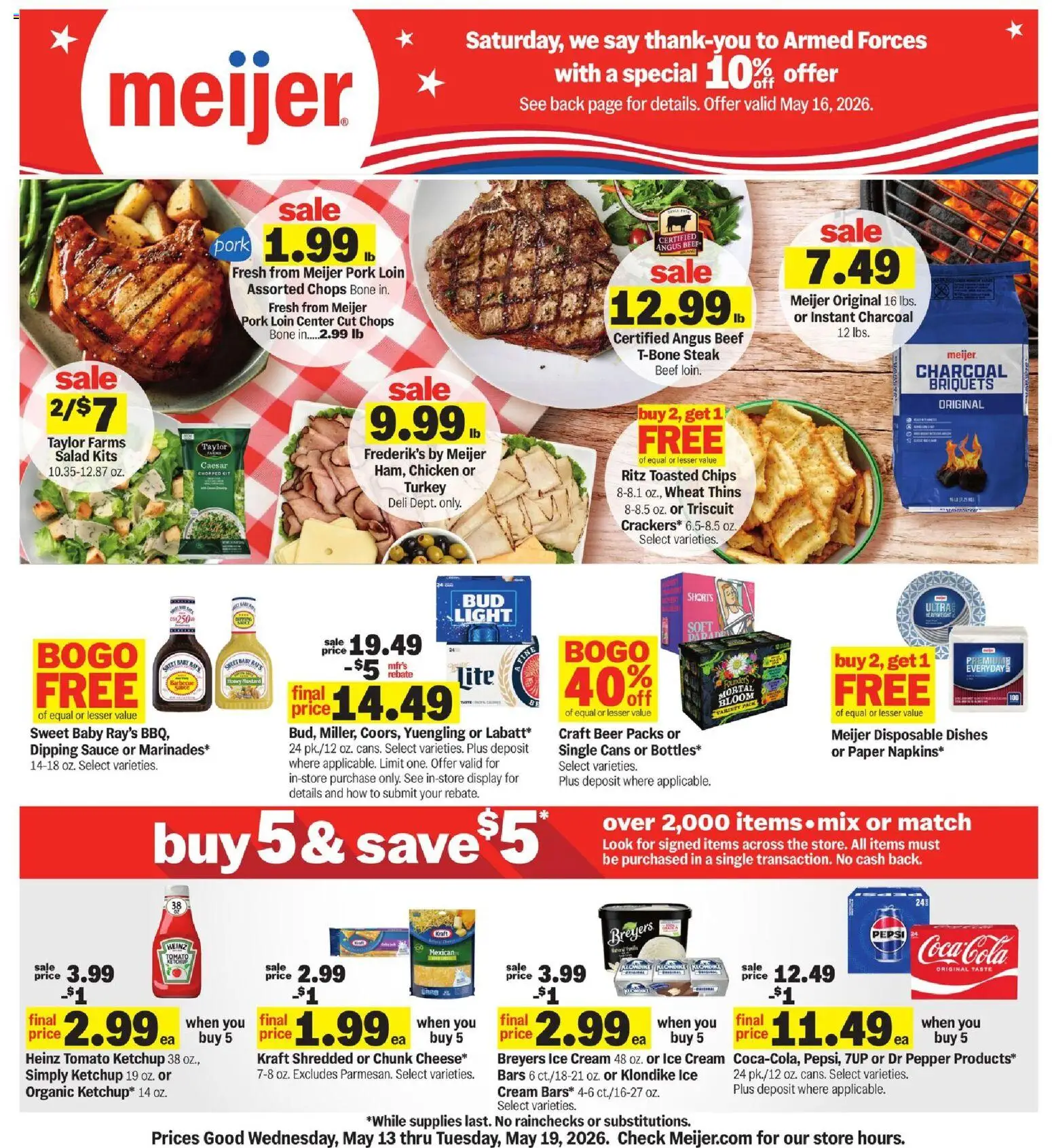 Meijer Weekly Ad - MI - valid from 13.05.2026 | Page: 1 | Products: Beer, Ketchup, Shorts, Ice cream