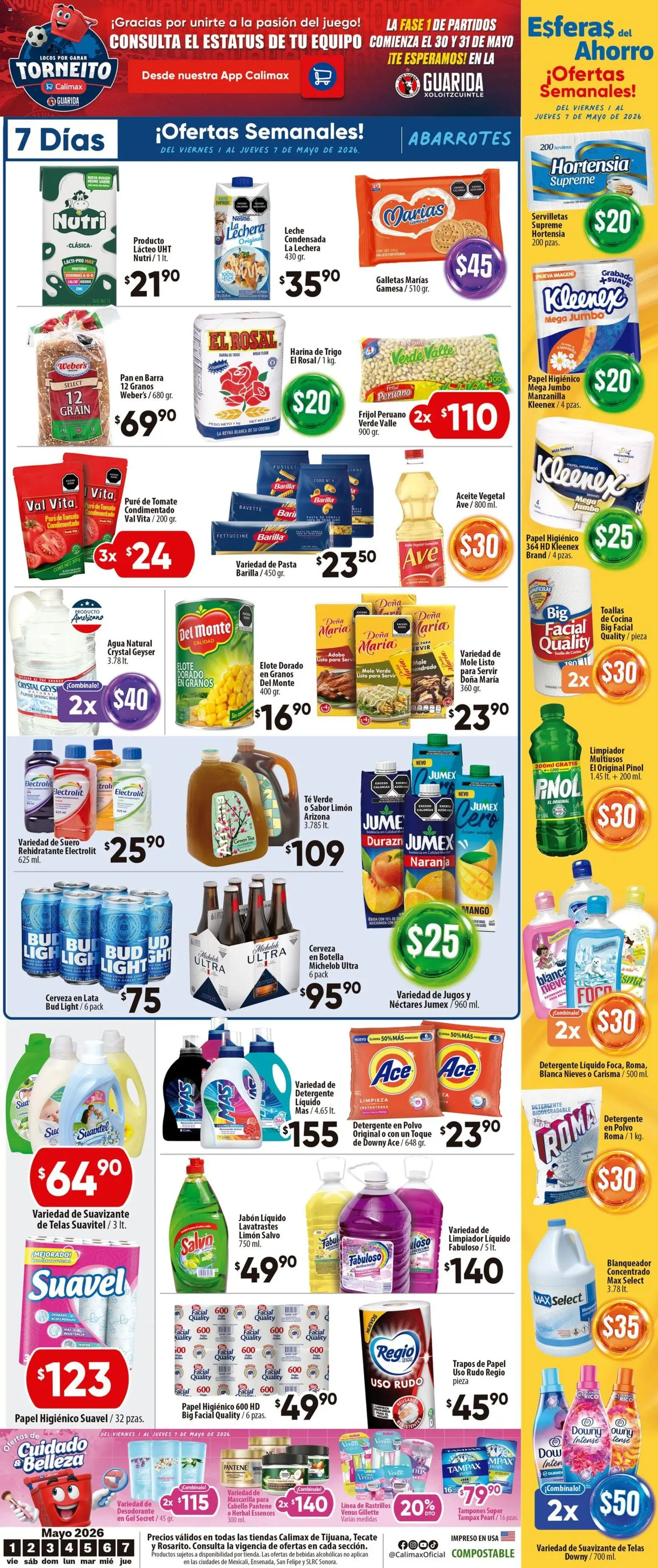 Nuevas ofertas de Calimax válidas en toda la República Mexicana desde el 01.05.2026. ¡Encuentra las mejores ofertas en Calimax folleto Rosarito! | Página: 4 | Productos: Mango, Suavizante, Toallas, Foco