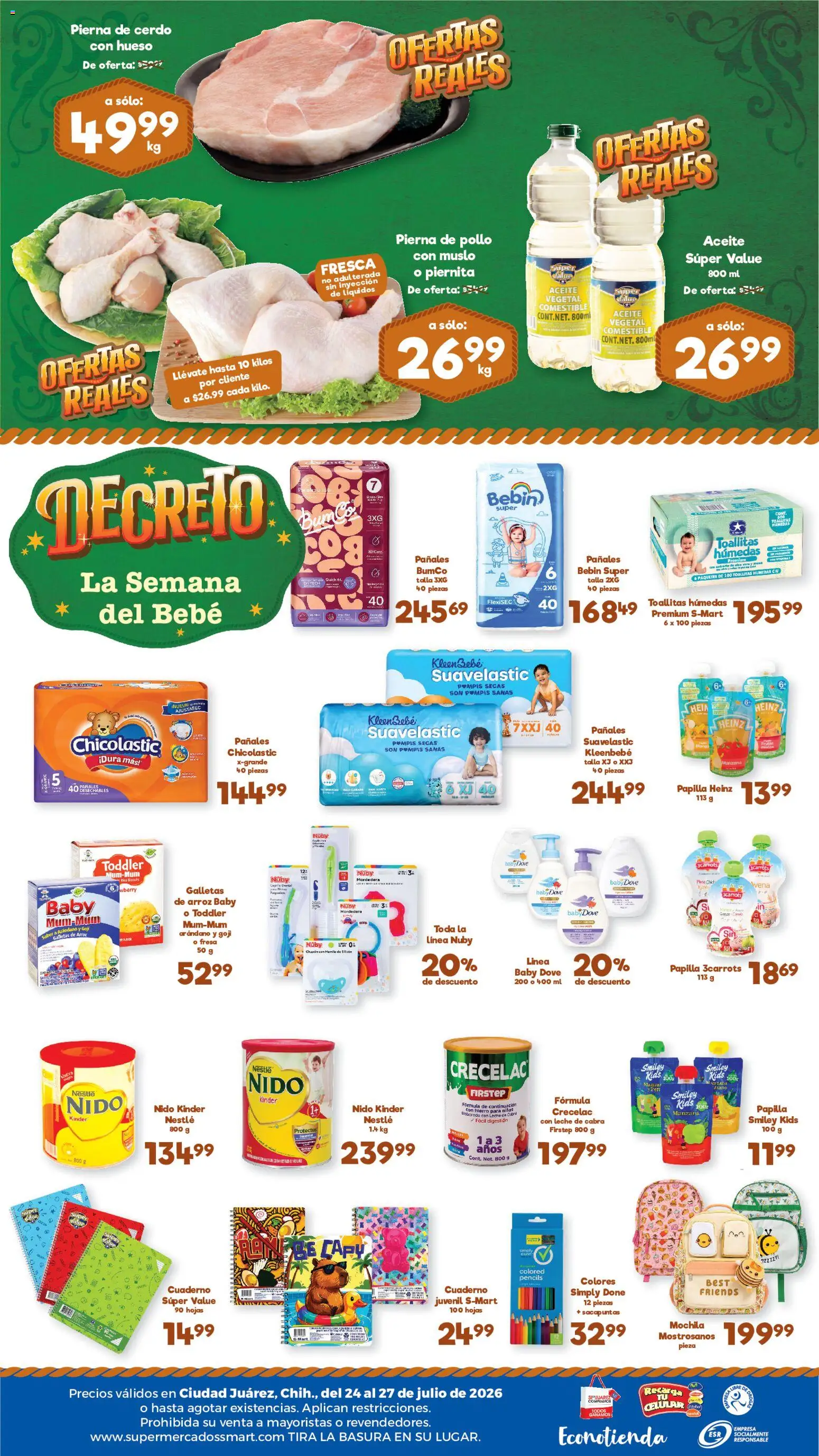 Nuevas ofertas de S-Mart válidas en toda la República Mexicana desde el 24/07/2026. ¡Encuentra las mejores ofertas en S-Mart folleto Ofertas de feria Juárez! | Página: 2 | Productos: Fresa, Sacapuntas, Avena, Cerdo