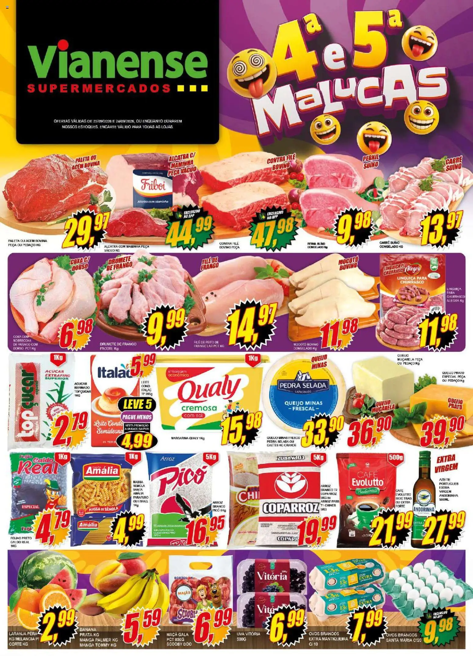 Vianense Folheto - válido de 23/09/2026 | Página: 1 | Produtos: Feijão, Contra filé, Leite, Açúcar