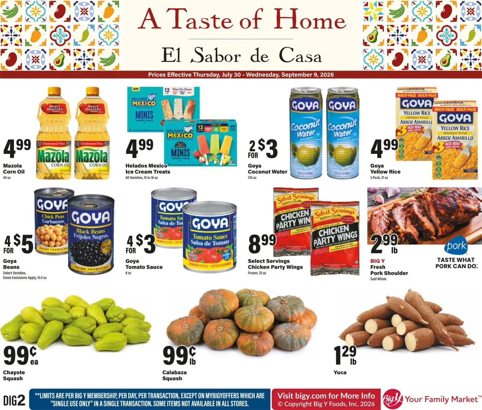 Big Y A Taste of Home - valid from 07/30/2026 | Page: 1 | Products: Corn, Squash, Sauce, Coconut