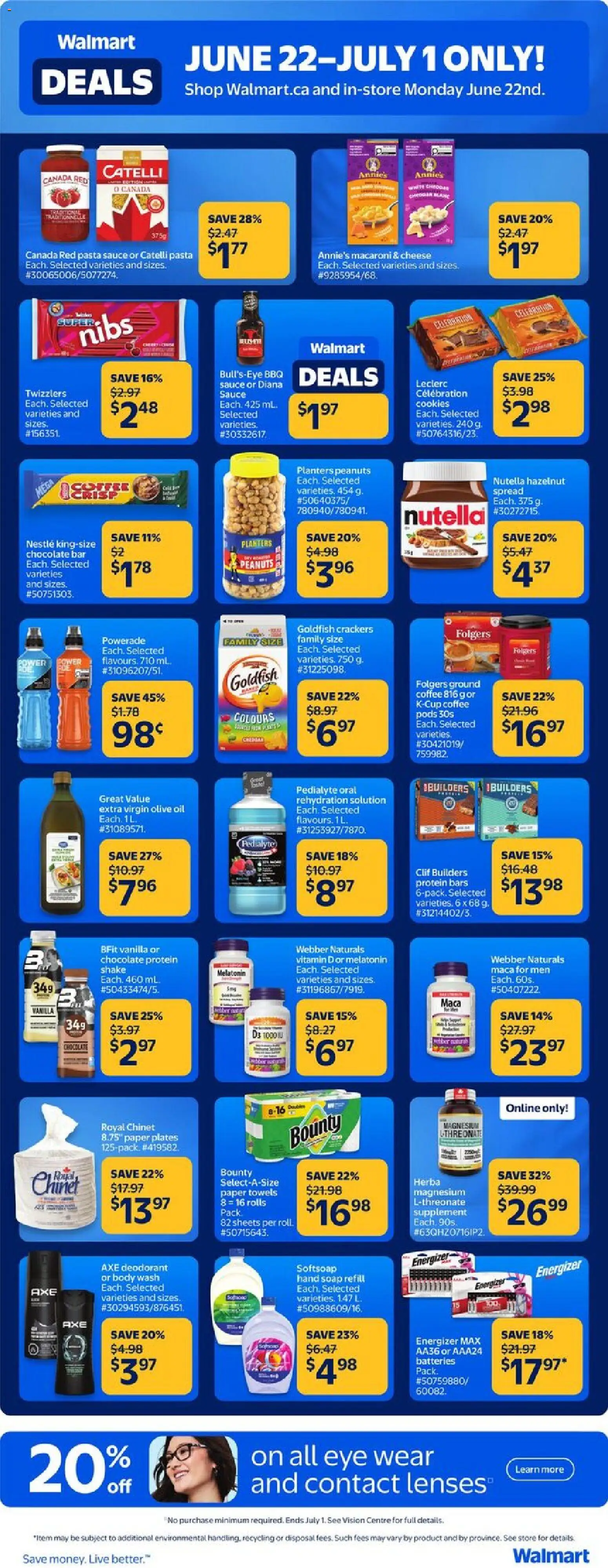 Walmart flyer valid from Jun 22, 2026 | Page: 3 | Products: Pasta, Cheese, Oil, Chocolate