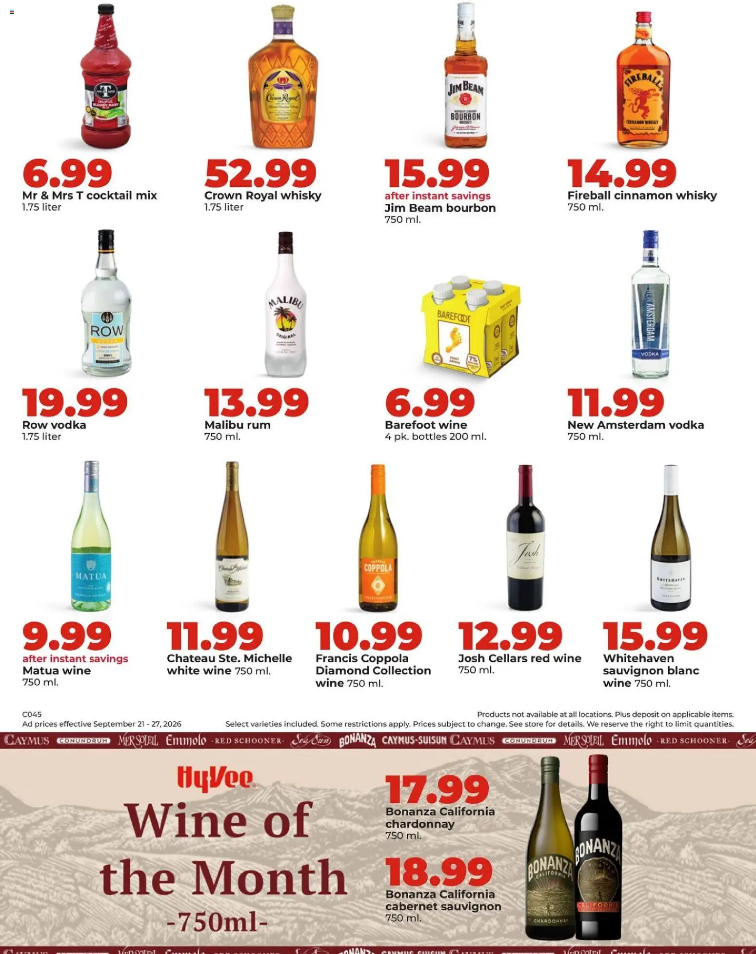 HyVee Weekly Ad - valid from 09/21/2026 | Page: 43 | Products: Malibu, Wine, Bourbon, Red wine