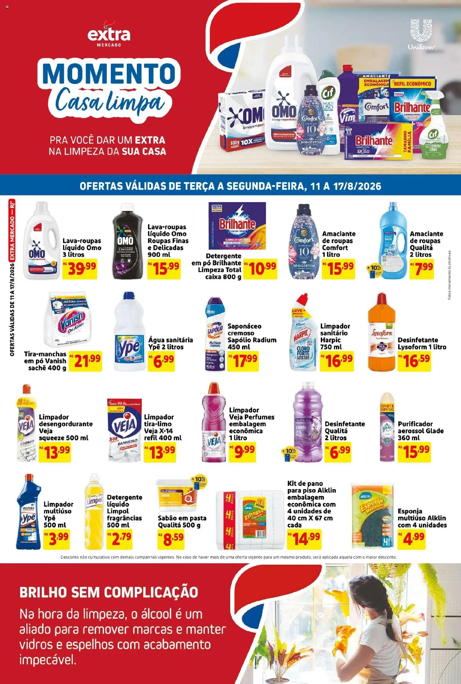 Extra Folheto - válido de 11/08/2026 | Página: 1 | Produtos: Álcool, Purificador, Vanish, Água sanitária
