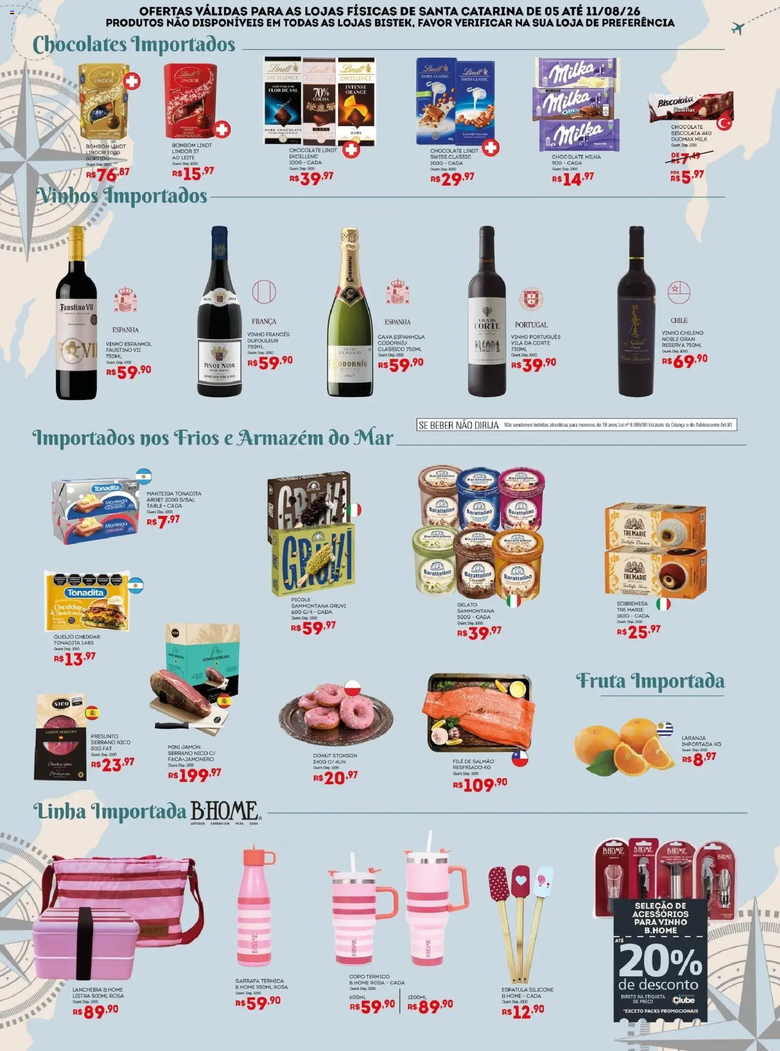 Bistek Supermercados Folheto - válido de 05/08/2026 | Página: 2 | Produtos: Chocolate Lindt, Queijo cheddar, Queijo, Vinho
