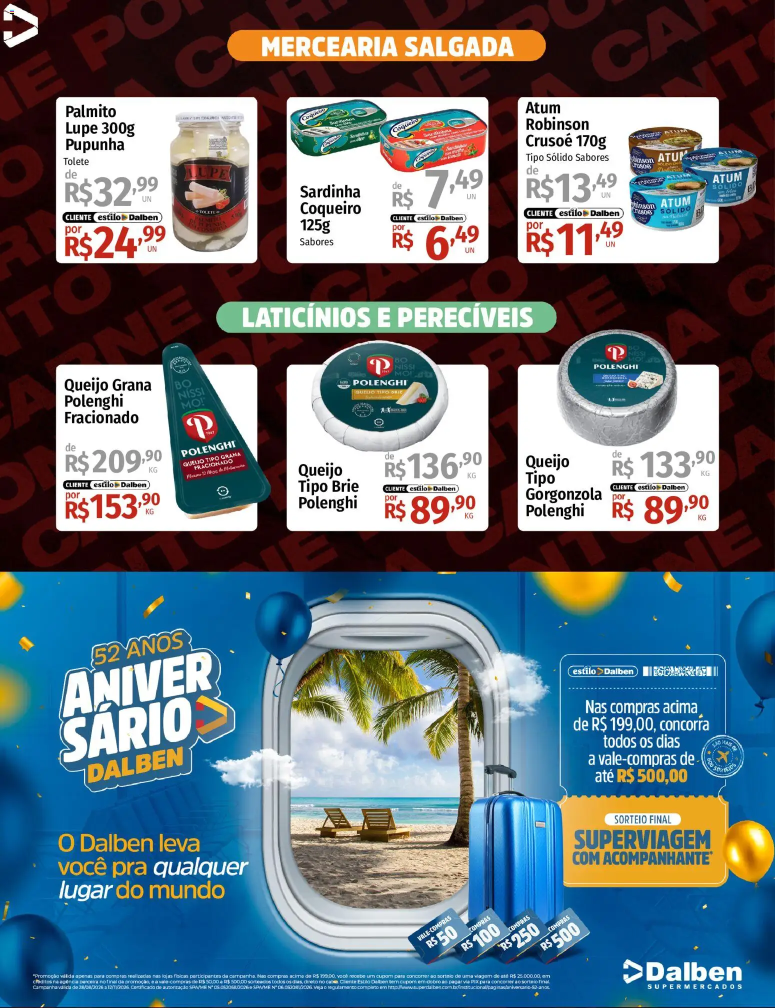 Supermercado Dalben Folheto - válido de 09/09/2026 | Página: 3 | Produtos: Palmito, Queijo, Sardinhas, Brie