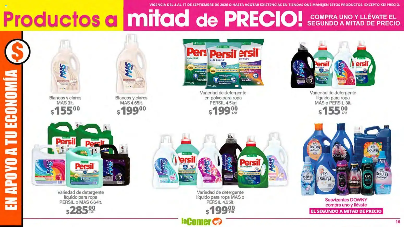 Nuevas ofertas de La Comer válidas en toda la República Mexicana desde el 04/09/2026. ¡Encuentra las mejores ofertas en La Comer folleto! | Página: 16 | Productos: Detergente líquido para ropa, Detergente líquido, Ropa, Polvo