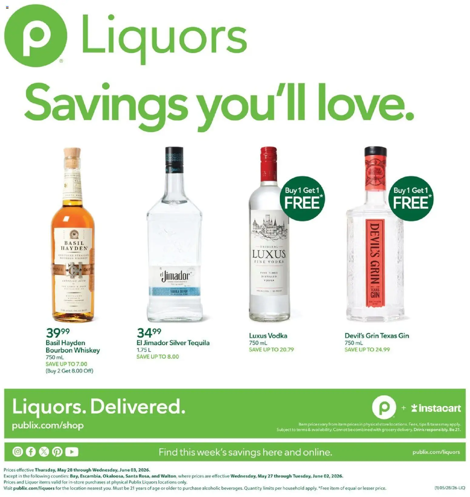 Publix Liquors - valid from 28.05.2026 | Page: 1 | Products: Bourbon, Gin, Vodka, Whiskey