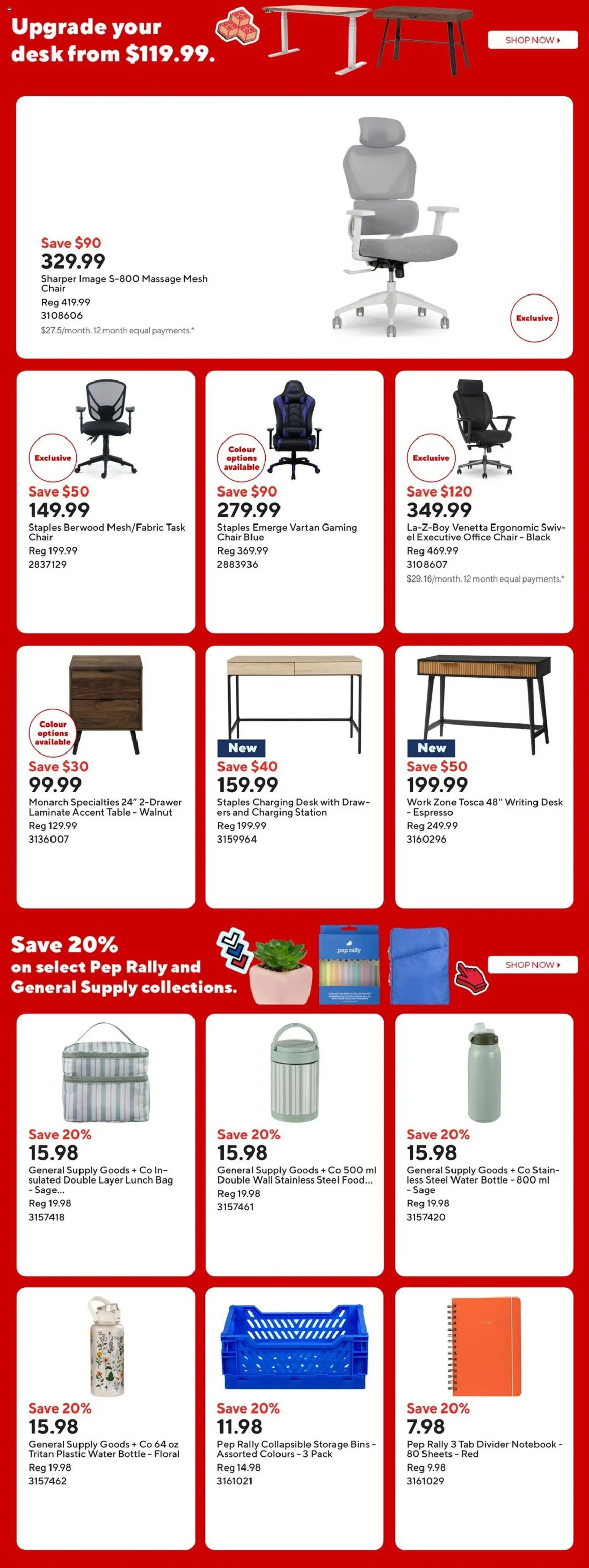 Staples flyer valid from Aug 7, 2026 | Page: 8 | Products: Bag, Specialties, Table, Chair