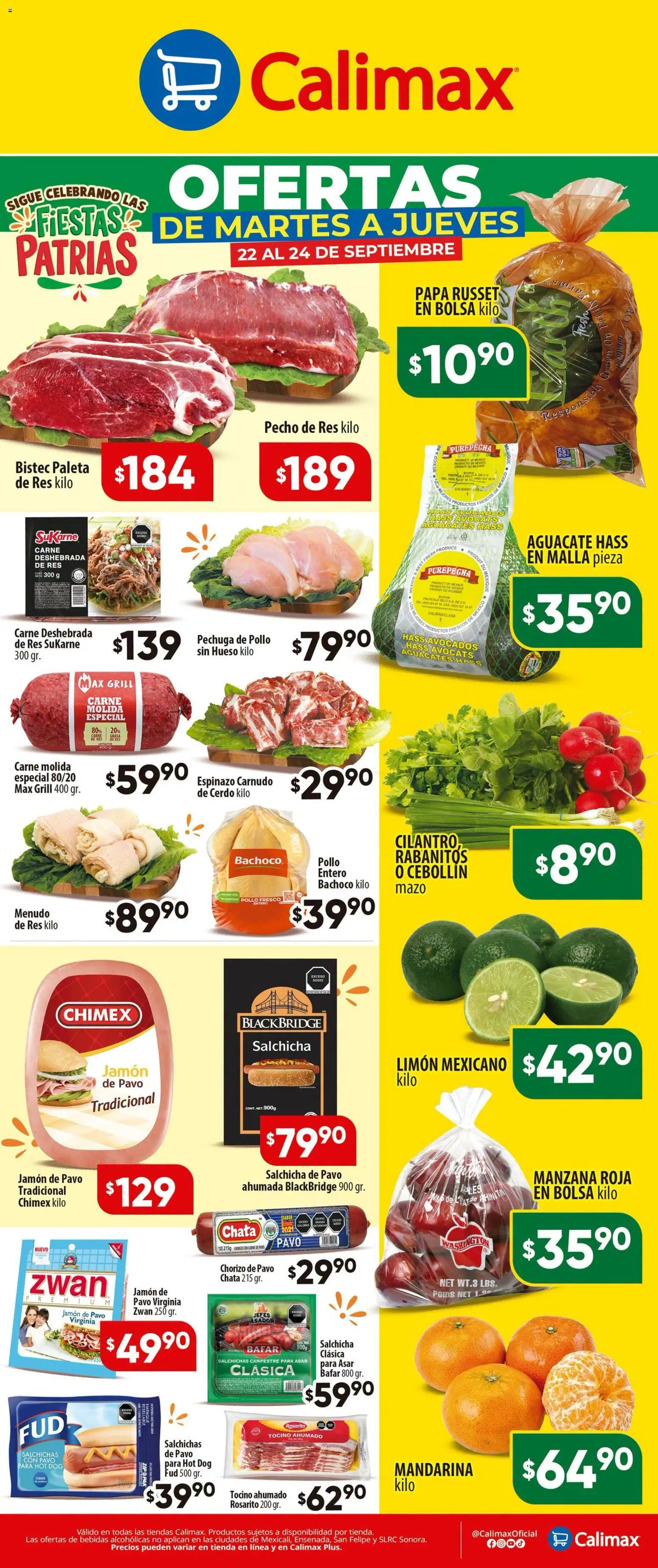 Nuevas ofertas de Calimax válidas en toda la República Mexicana desde el 22/09/2026. ¡Encuentra las mejores ofertas en Calimax folleto Ofertas de martes a jueves! | Página: 1 | Productos: Bistec, Limón, Aguacate, Carne molida