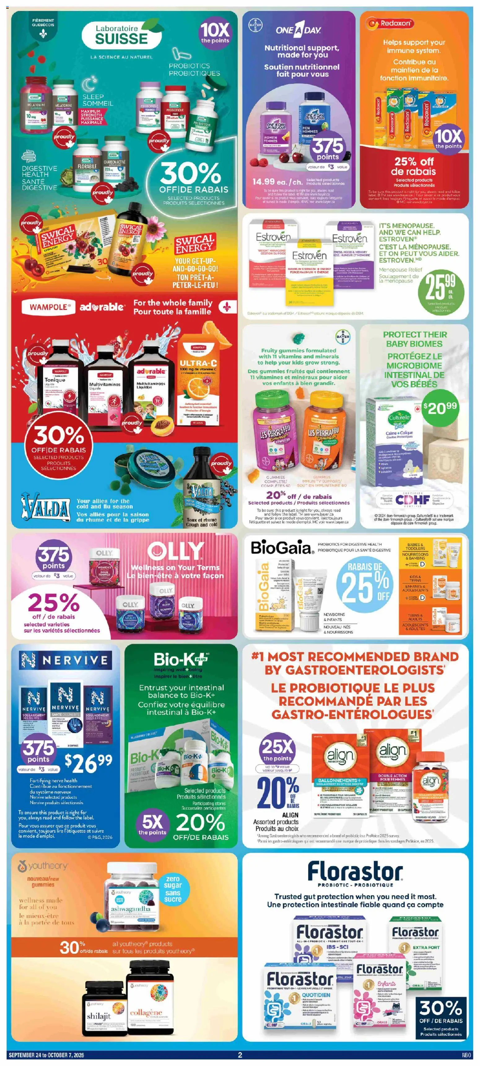 Jean Coutu flyer valid from Sep 24, 2026 | Page: 2 | Products: Sugar, Ashwagandha, Probiotics, Capsules