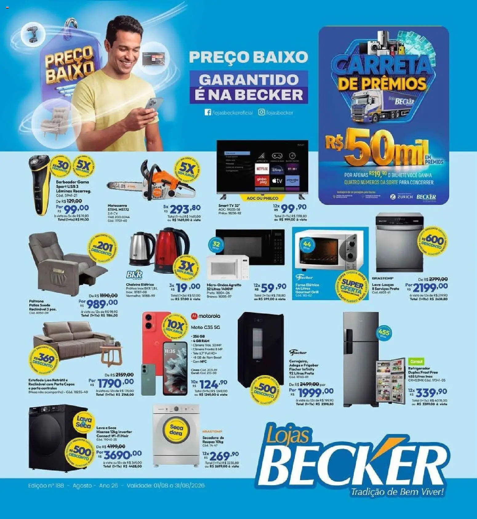 Lojas Becker Folheto - válido de 01/08/2026 | Página: 1 | Produtos: Frigobar, Mesa, Tela, Vídeo