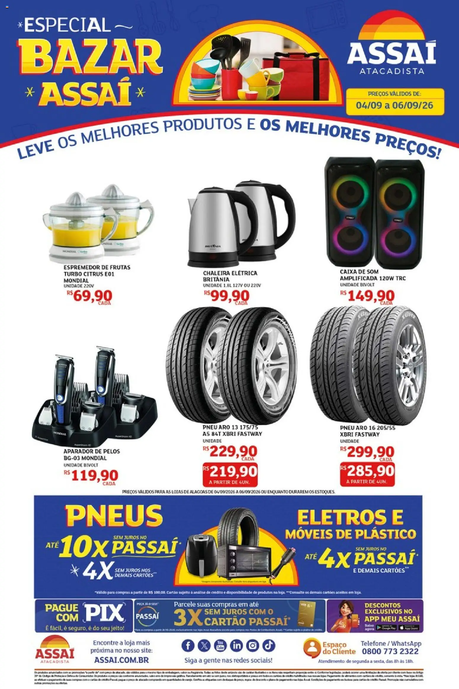 Assaí Atacadista Folheto - válido de 04/09/2026 | Página: 1 | Produtos: Frutas, Chaleira elétrica, Caixa de som, Aparador