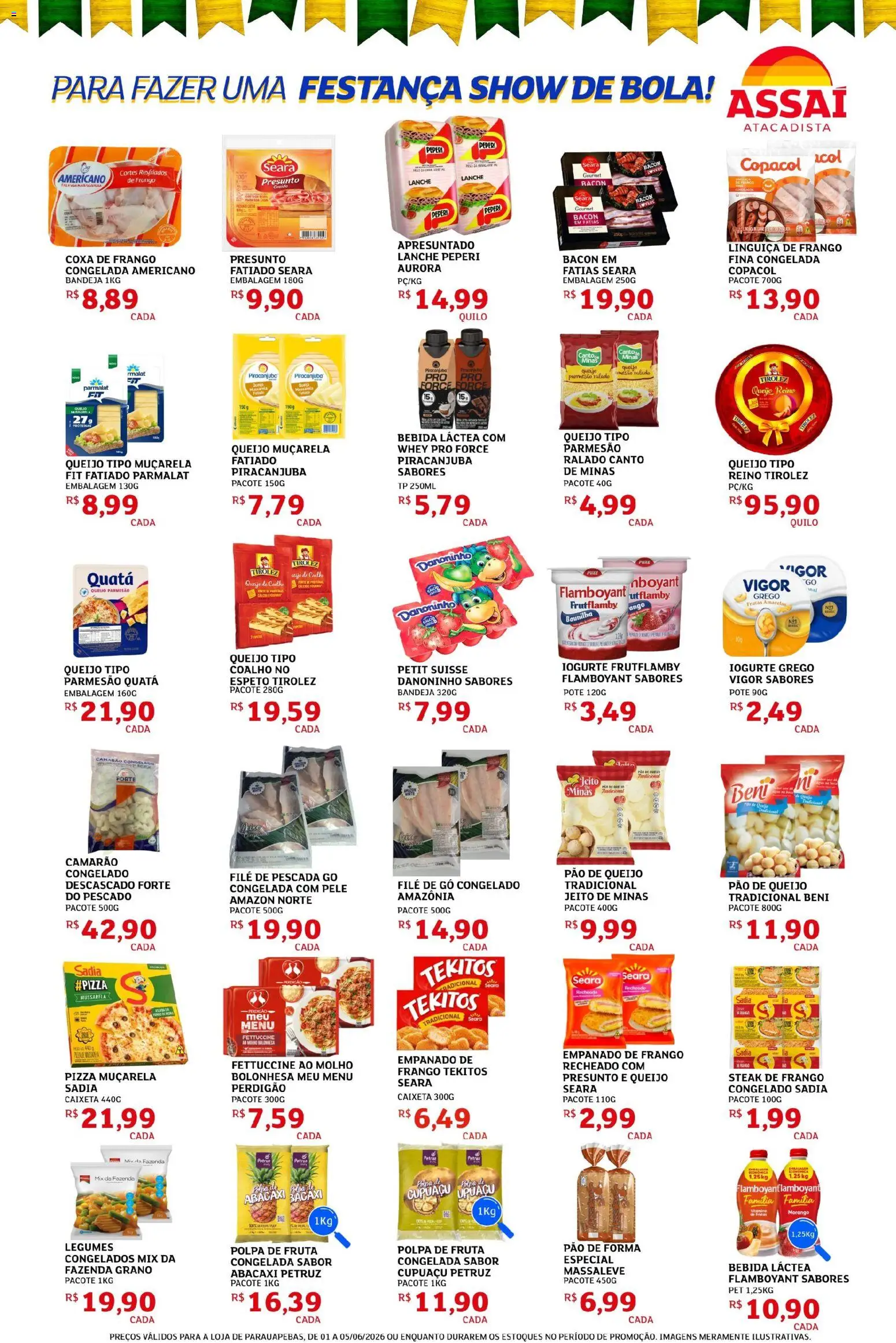 Assaí Atacadista Folheto - válido de 01.06.2026 | Página: 3 | Produtos: Linguiça, Camarão, Pão de forma, Iogurte grego