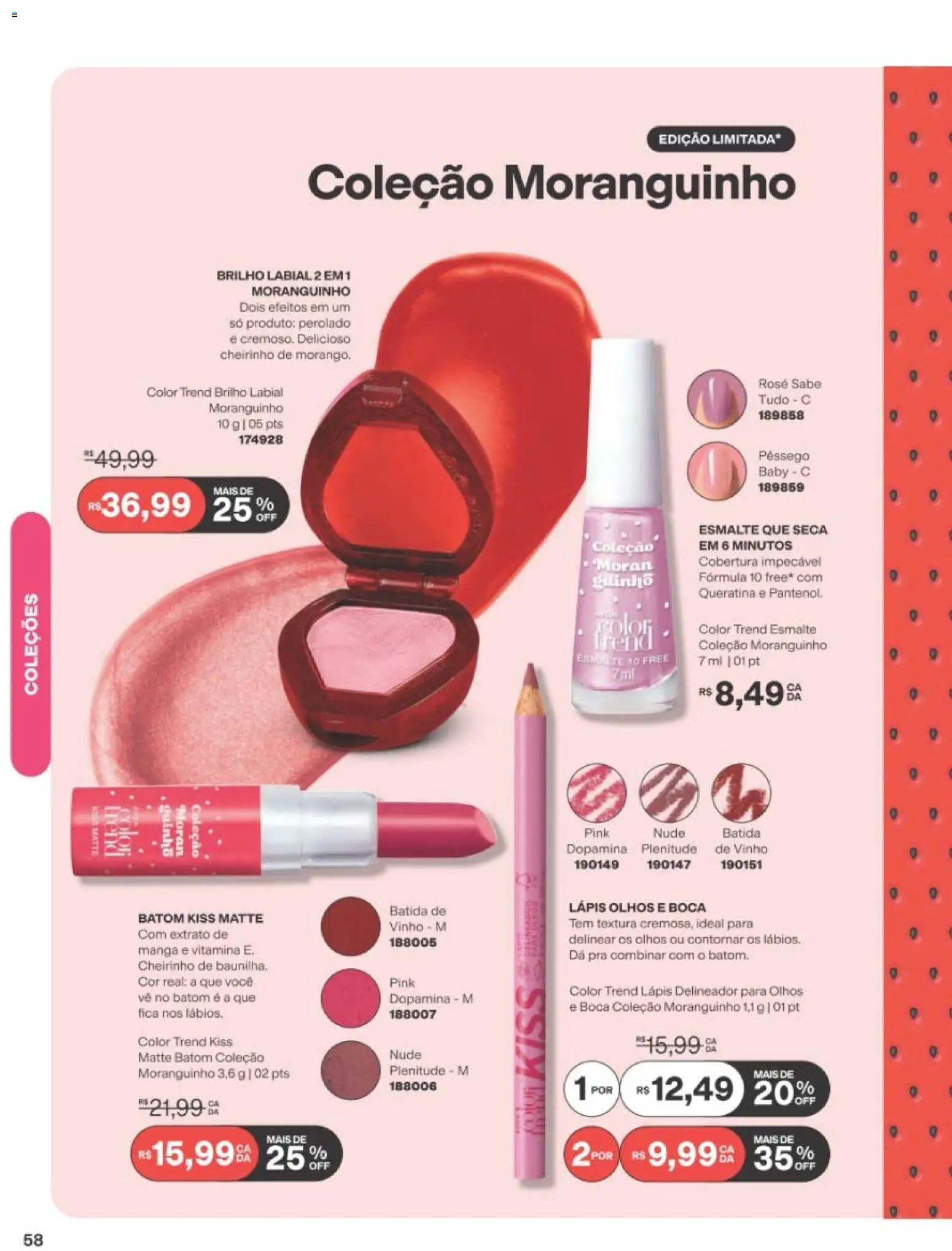 Avon Folheto - válido de 19/07/2026 | Página: 58 | Produtos: Pêssego, Batom, Lápis, Vinho