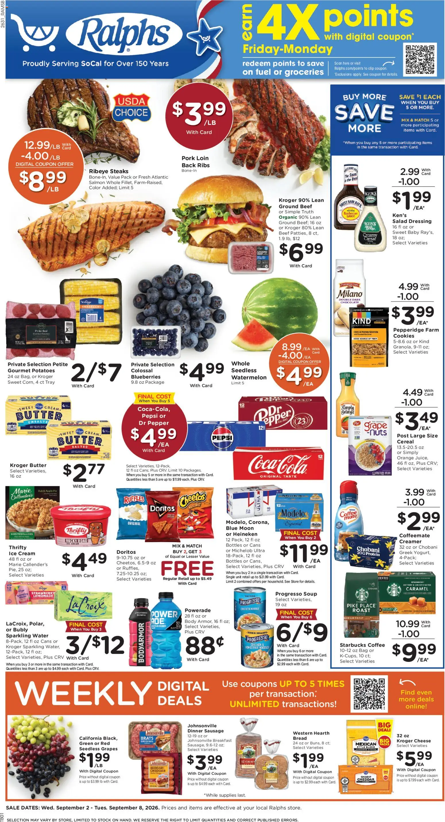 Ralphs Weekly Ad - valid from 09/02/2026 | Page: 1 | Products: Corn, Beef, Lemonade, Pepsi