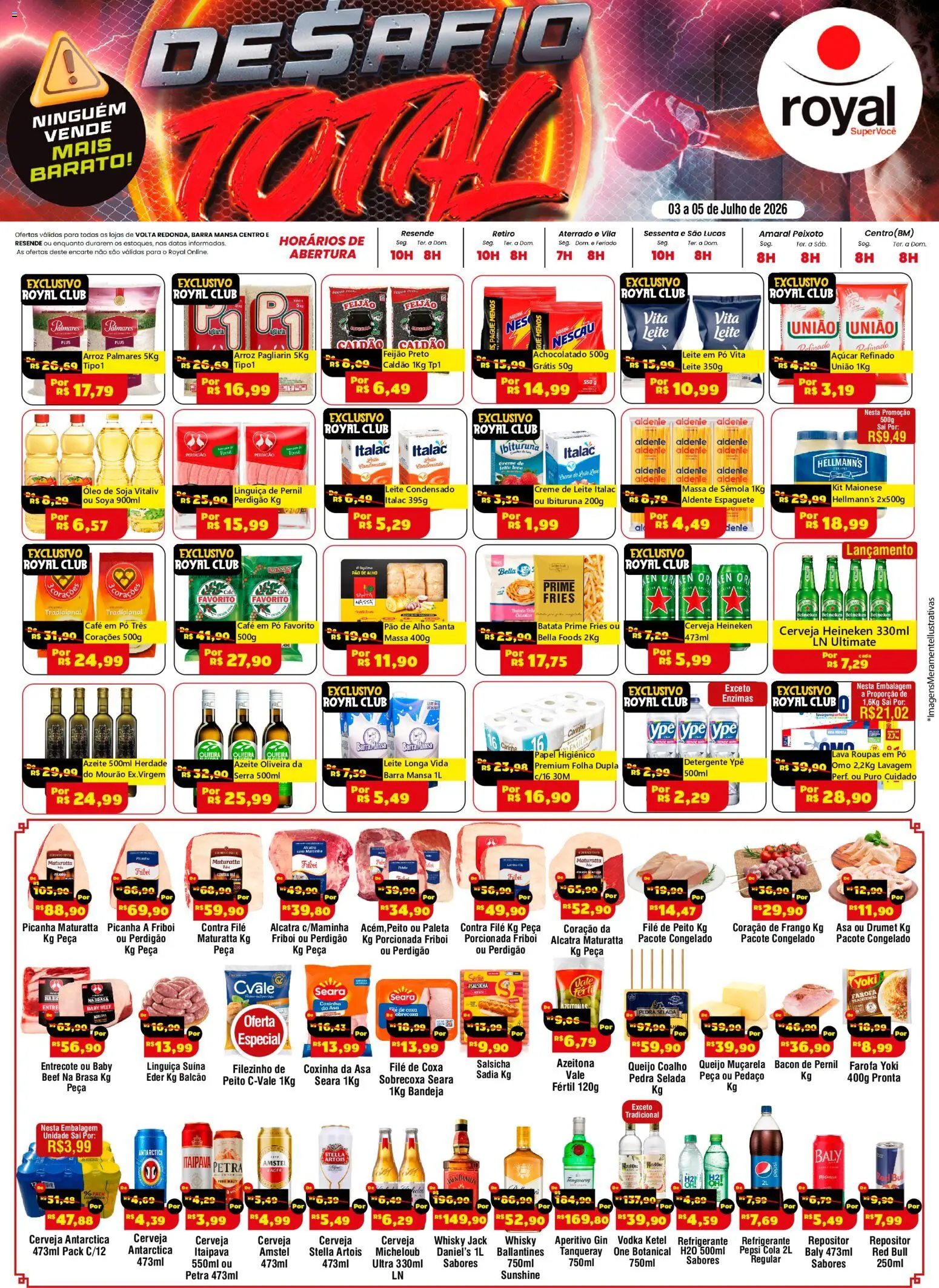 Royal Supermercados Folheto - válido de 03/07/2026 | Página: 1 | Produtos: Espaguete, Salsicha, Alcatra, Óleo