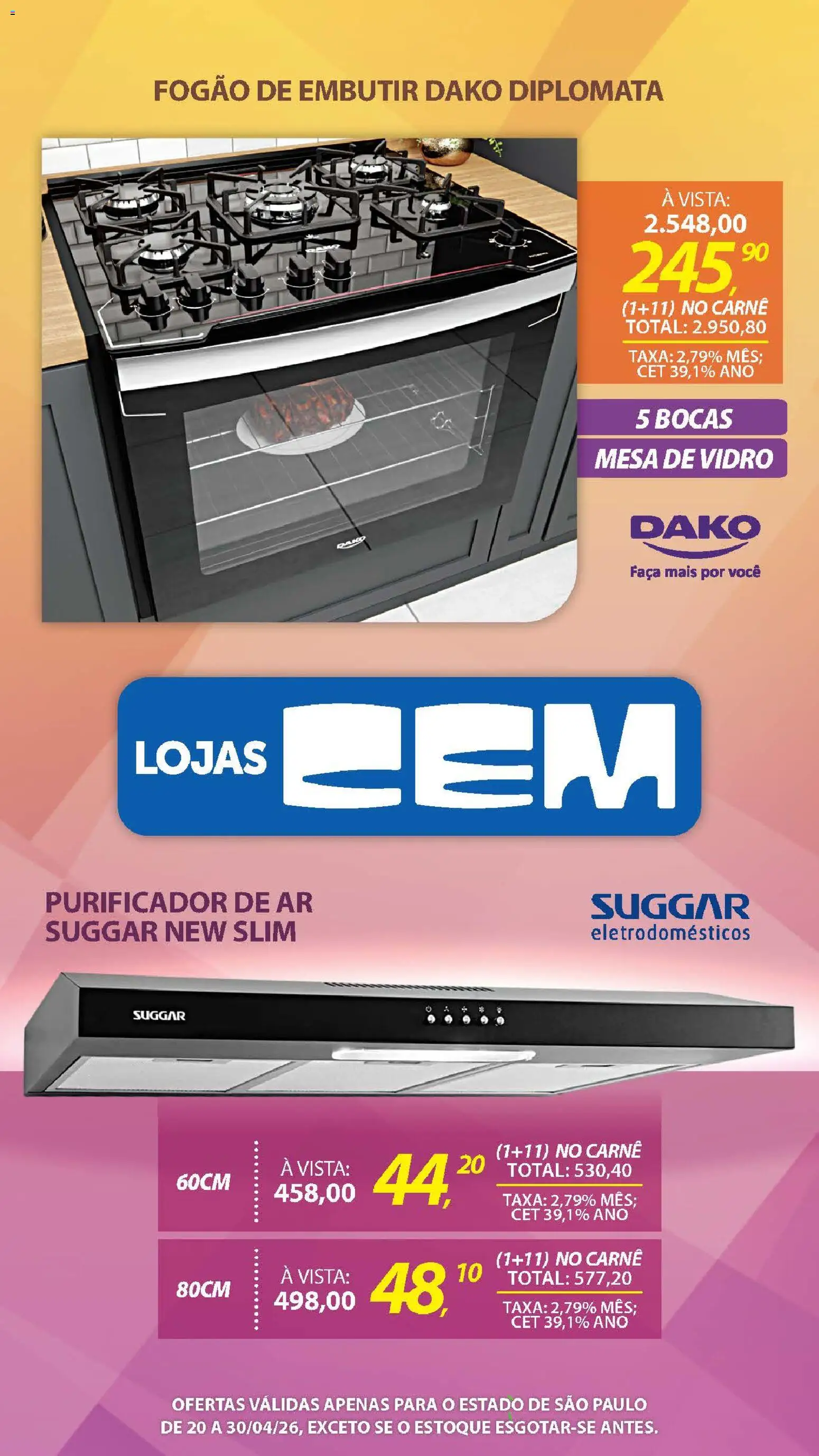 Lojas Cem Folheto - válido de 20.04.2026 | Página: 43 | Produtos: Fogão, Purificador de ar, Mesa, Faca