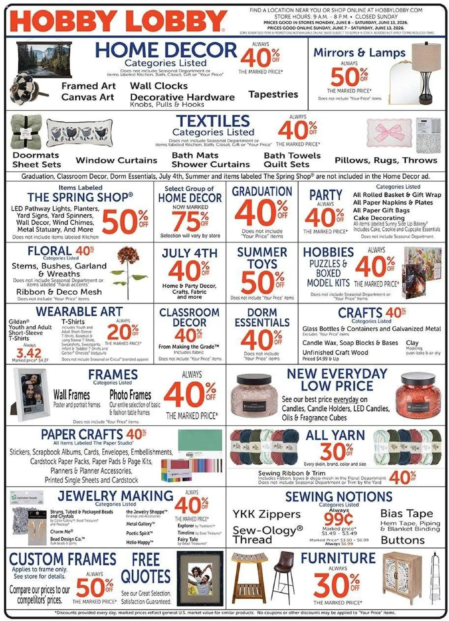 Hobby Lobby Weekly Ad - valid from 07.06.2026 | Page: 1 | Products: Bakery, Canvas, Yarn, Basket