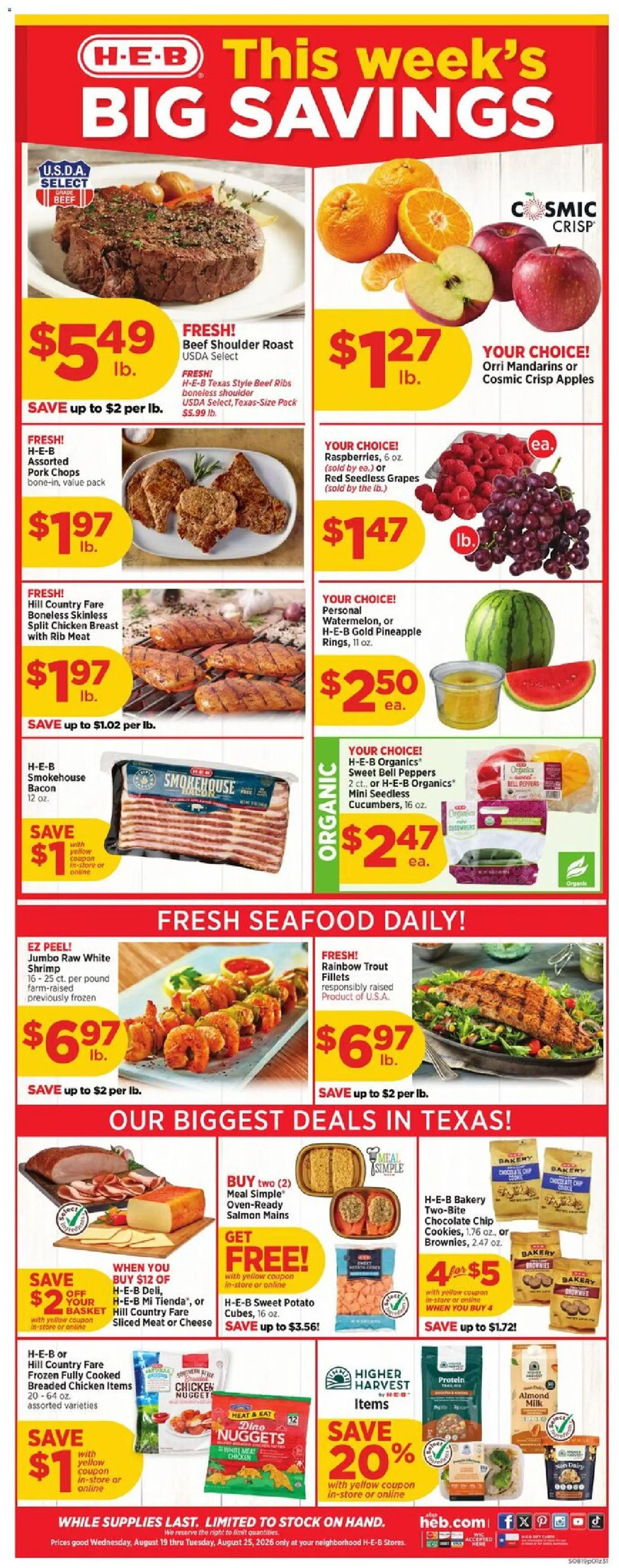 H-E-B Weekly Ad - valid from 08/19/2026 | Page: 1 | Products: Mandarins, Beef, Pineapple, Grapes