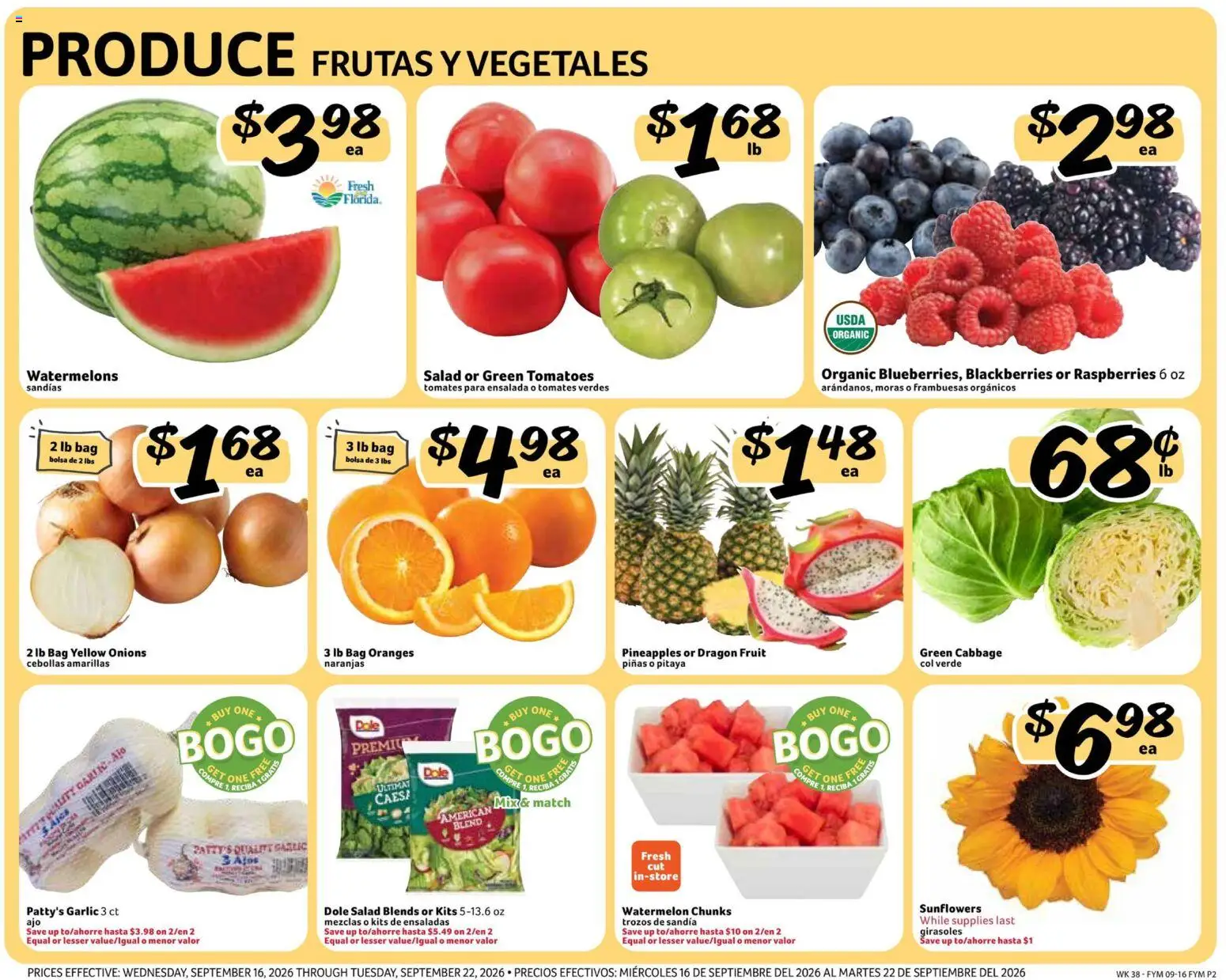 Fresco y Más Weekly Ad - valid from 09/16/2026 | Page: 2 | Products: Raspberries, Garlic, Cabbage, Watermelon