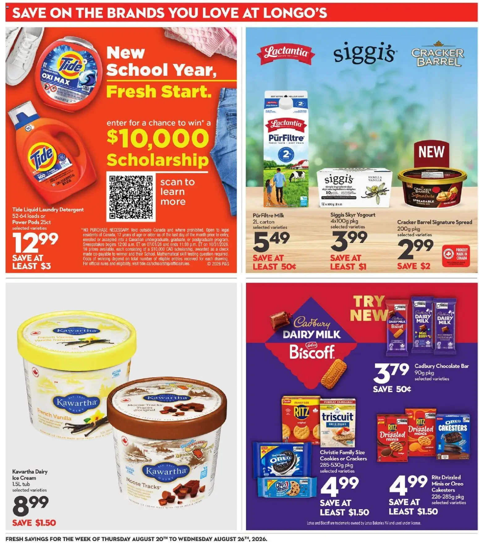Longo's flyer valid from Aug 20, 2026 | Page: 14 | Products: Oreo, Cream, Detergent, Vanilla