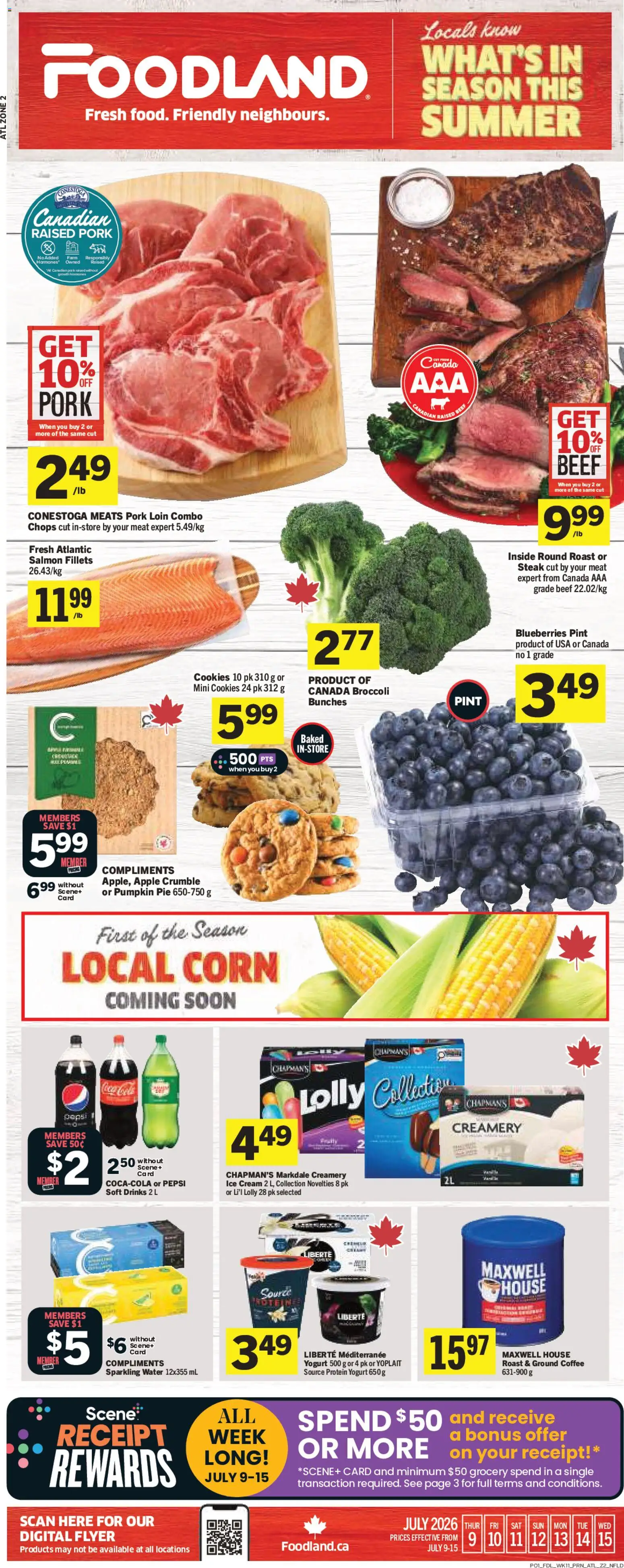 Foodland flyer valid from Jul 9, 2026 | Page: 1 | Products: Beef, Cream, Cookies, Ice cream