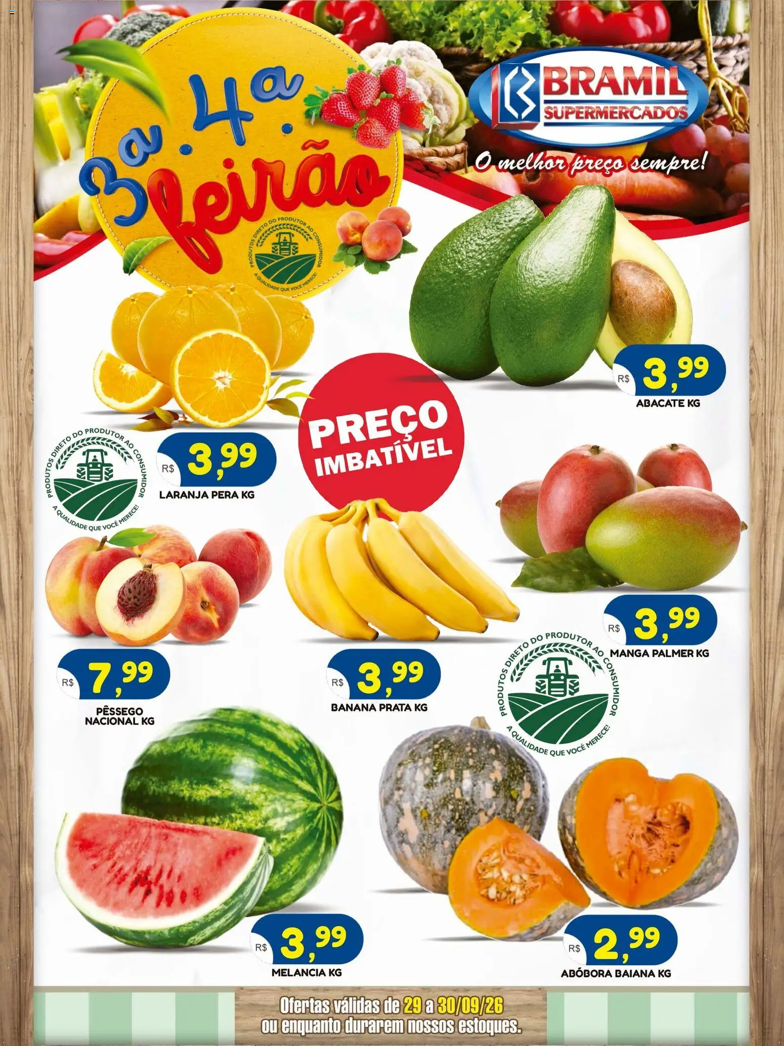 Bramil Supermercados Folheto - válido de 29/09/2026 | Página: 1 | Produtos: Melancia, Pêssego, Abacate, Manga