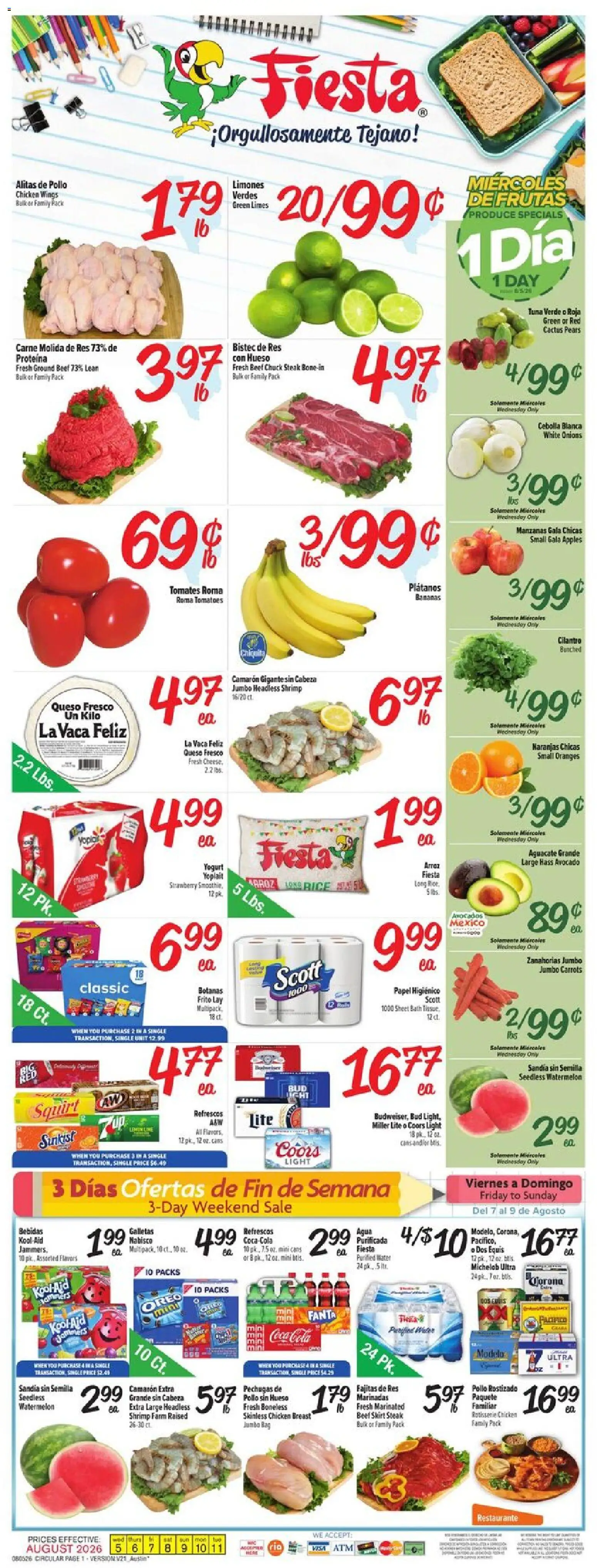 Fiesta Mart Weekly Ad - valid from 08/05/2026 | Page: 1 | Products: Apples, Water, Lime, Watermelon