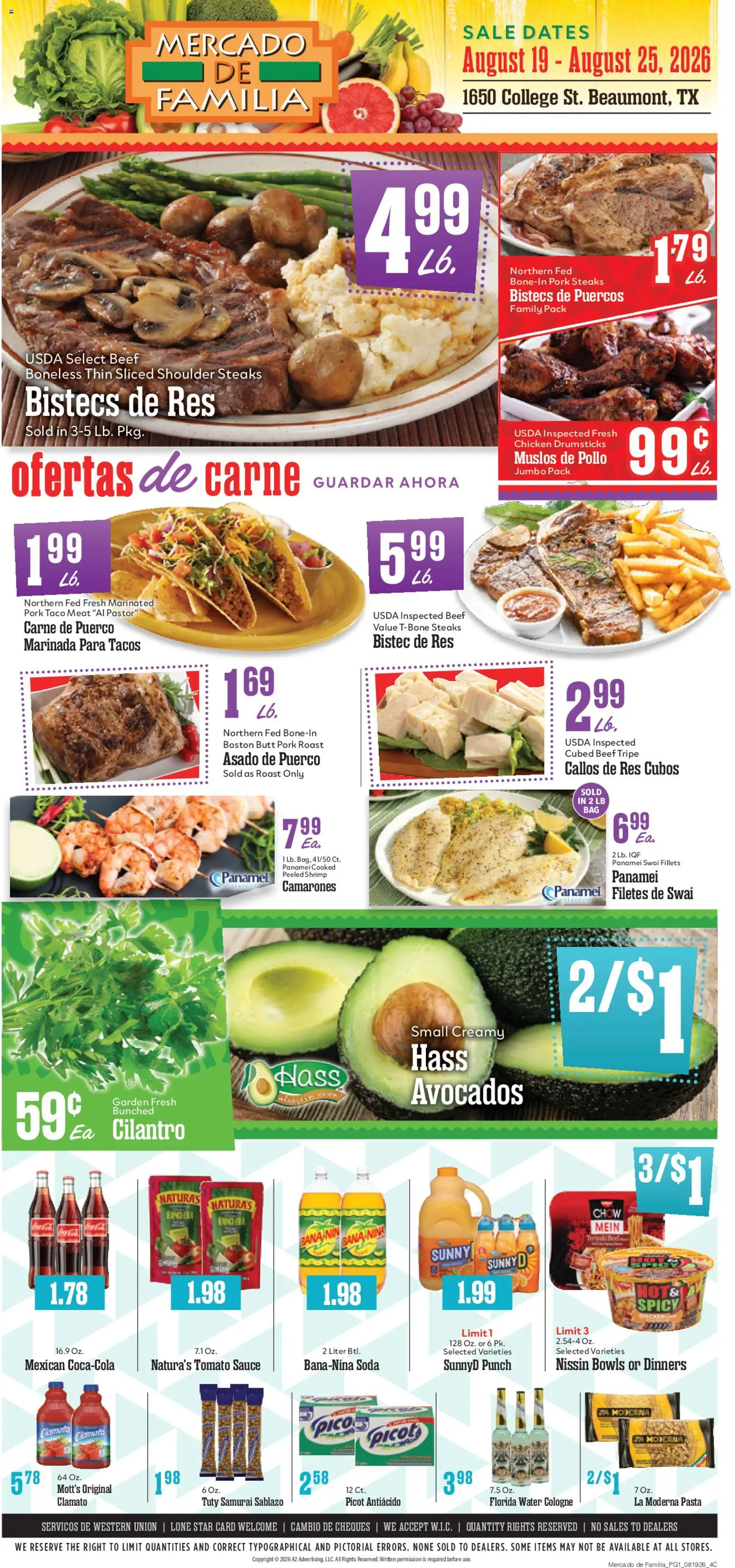 Market Basket Mercado de Familia Weekly Ad - valid from 08/19/2026 | Page: 1 | Products: Pork roast, Shrimp, Pork, Tomato