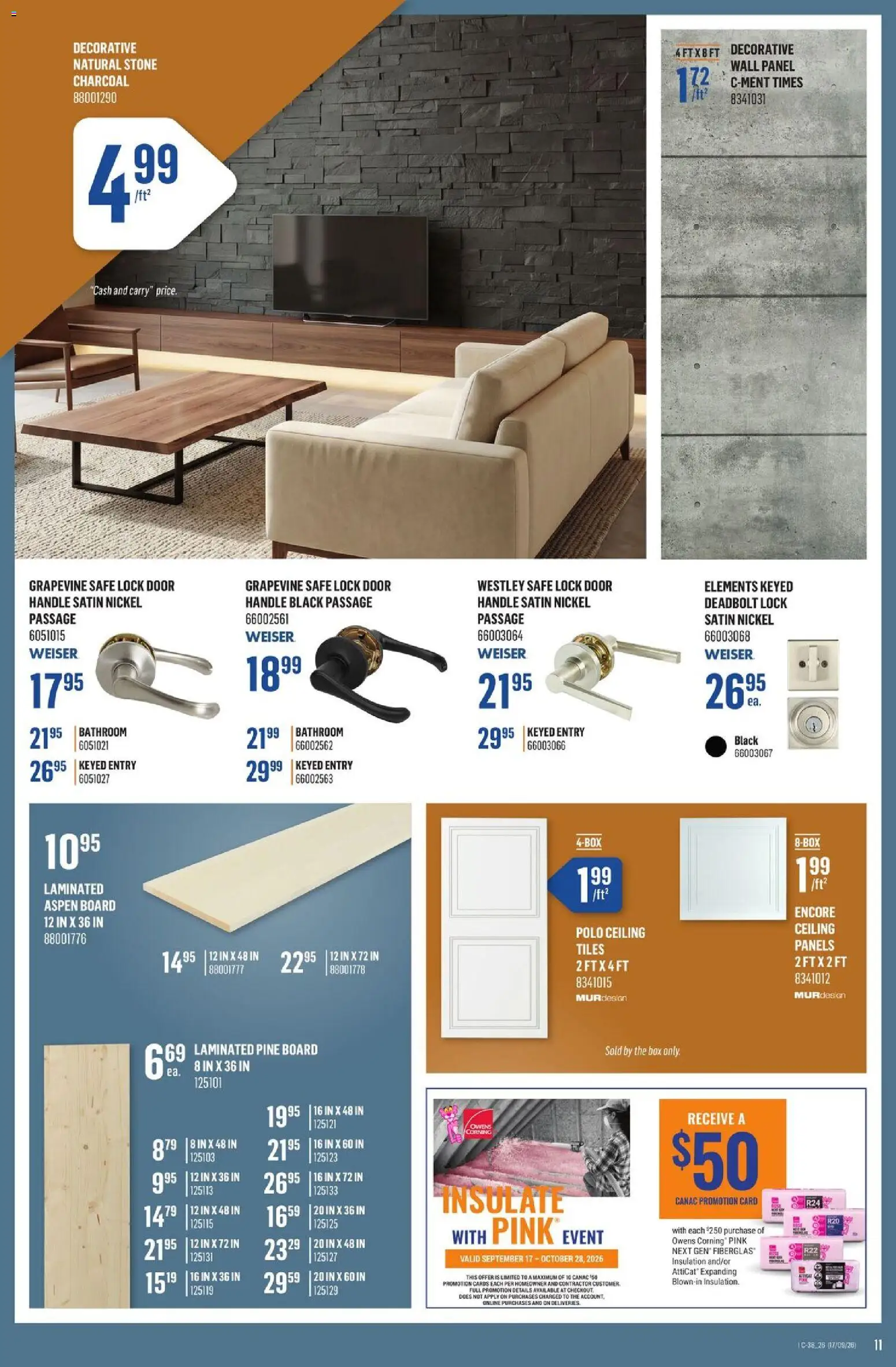 Canac flyer valid from Sep 17, 2026 | Page: 11 | Products: Tiles, Box, Charcoal, Door