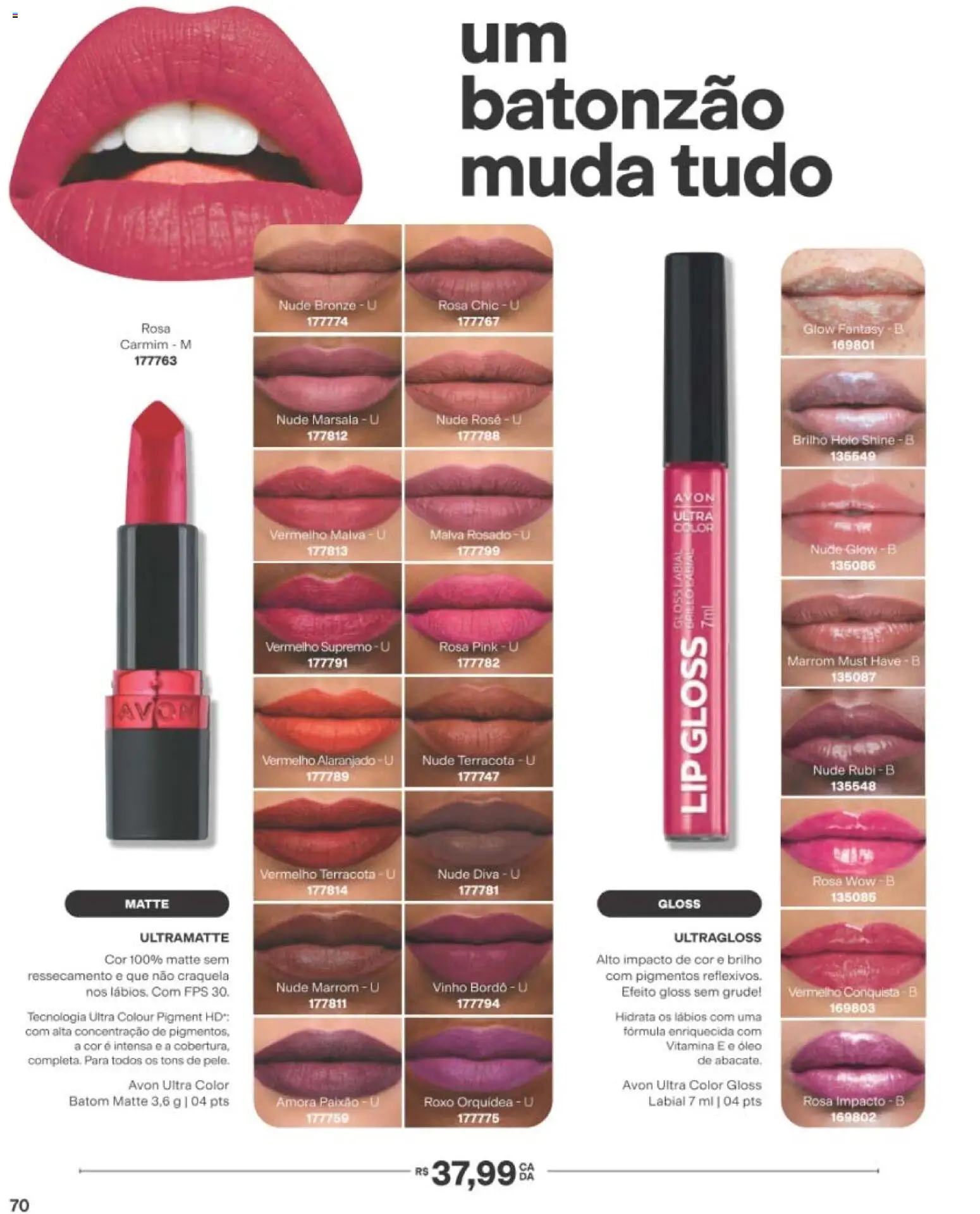 Avon Folheto - válido de 29/06/2026 | Página: 70 | Produtos: Batom, Gloss labial, Óleo, Vinho