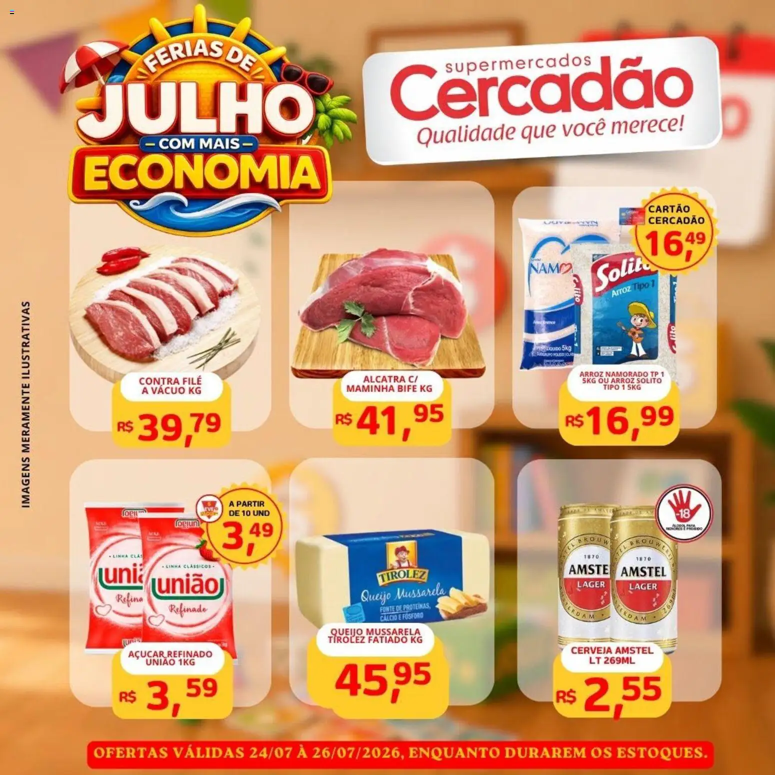 Cercadão Folheto - válido de 24/07/2026 | Página: 1 | Produtos: Alcatra, Maminha, Cerveja, Açúcar