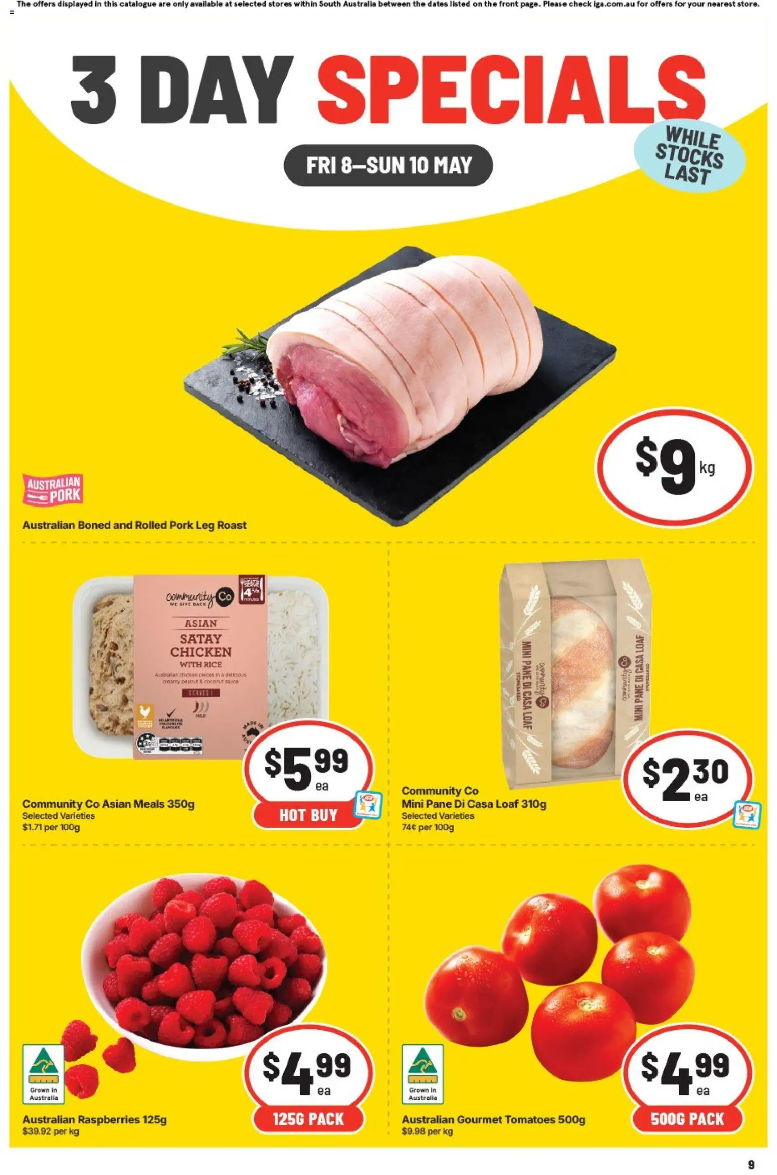 IGA catalogue - valid from 08.05.2026 | Page: 1 | Products: Chicken, Pork, Tomatoes, Sauce