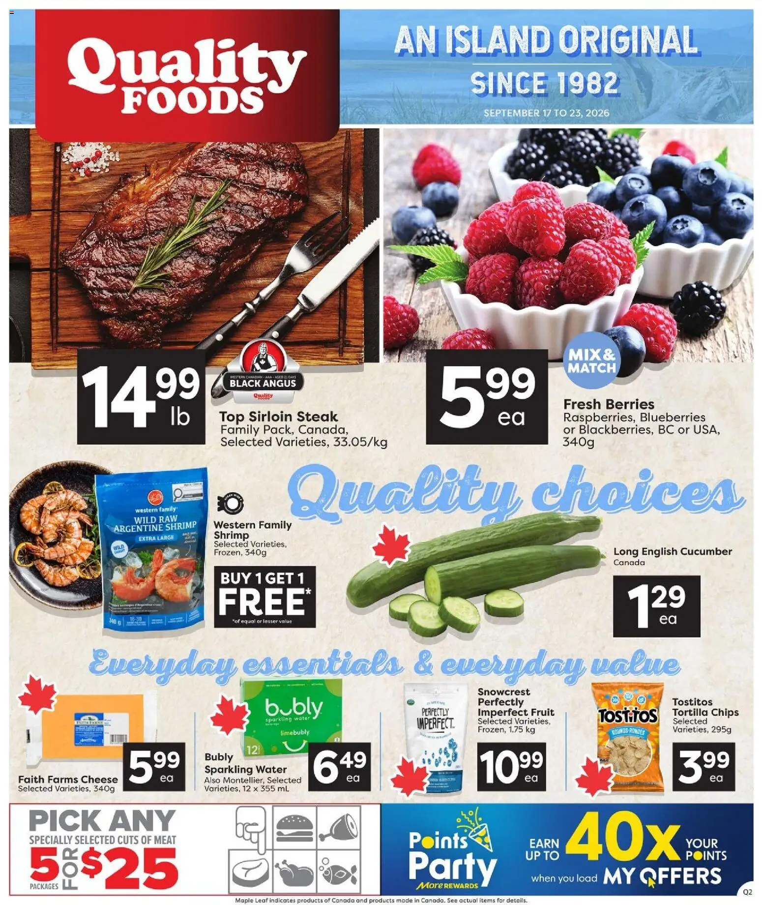Quality Foods flyer valid from Sep 17, 2026 | Page: 1 | Products: Fruit, Water, Shrimp, Tortilla chips
