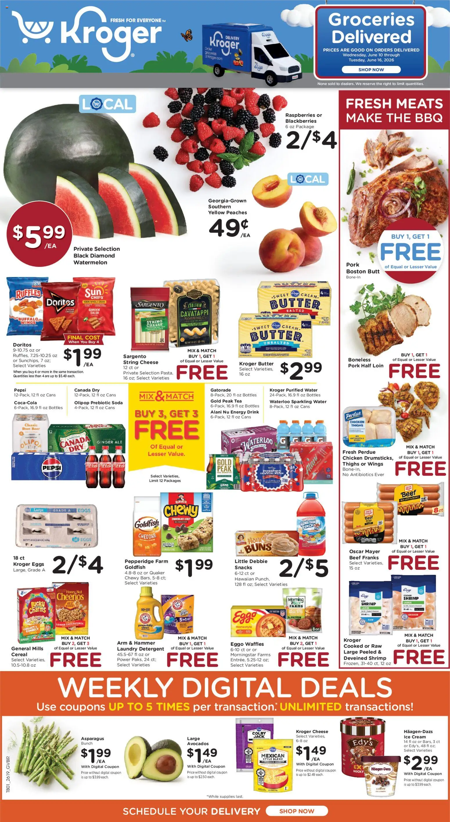Kroger Weekly Ad - valid from 10.06.2026 | Page: 1 | Products: Peaches, Hammer, Watermelon, Chocolate Chip