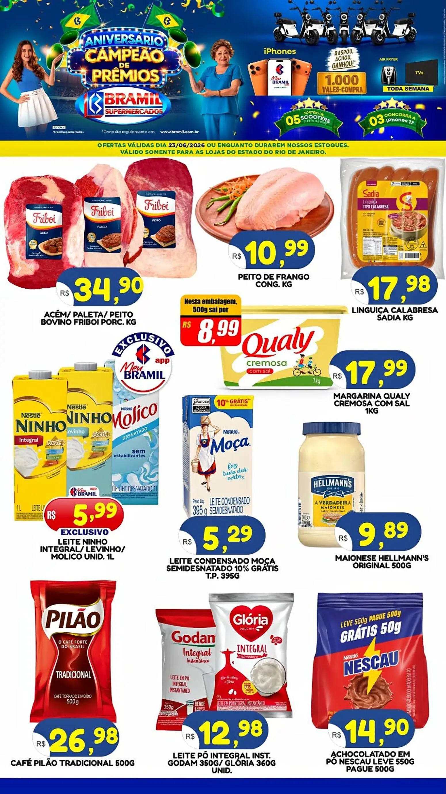 Bramil Supermercados Folheto - válido de 23/06/2026 | Página: 1 | Produtos: Nescau, Linguiça, Frango, Maionese