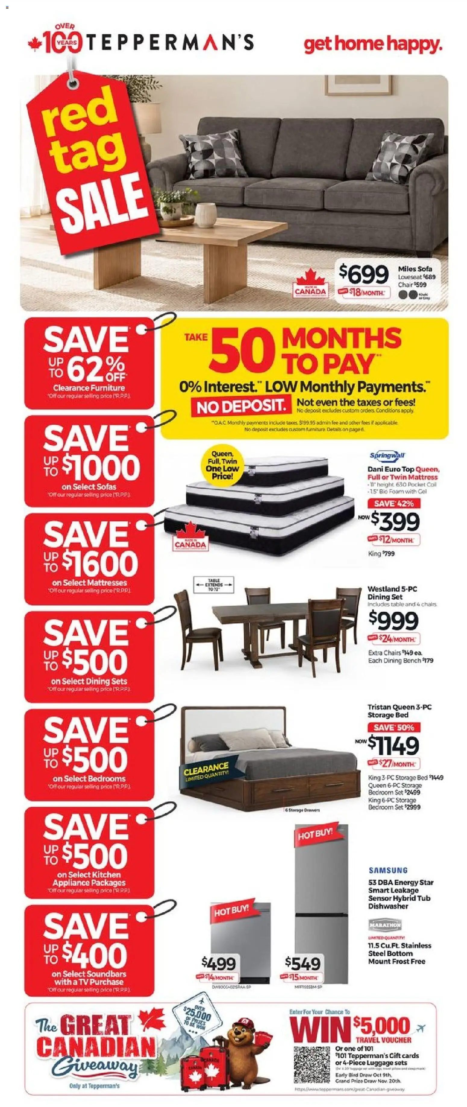 Tepperman's flyer valid from Oct 2, 2026 | Page: 5 | Products: Dining set, Mattresses, Sofa, Chair