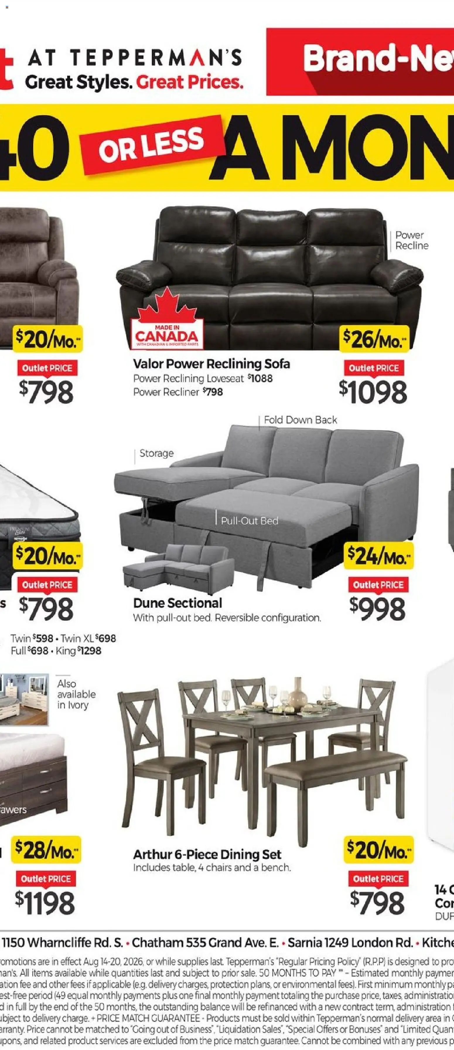 Tepperman's flyer valid from Aug 14, 2026 | Page: 12 | Products: Dining set, Bed, Sofa, Chairs