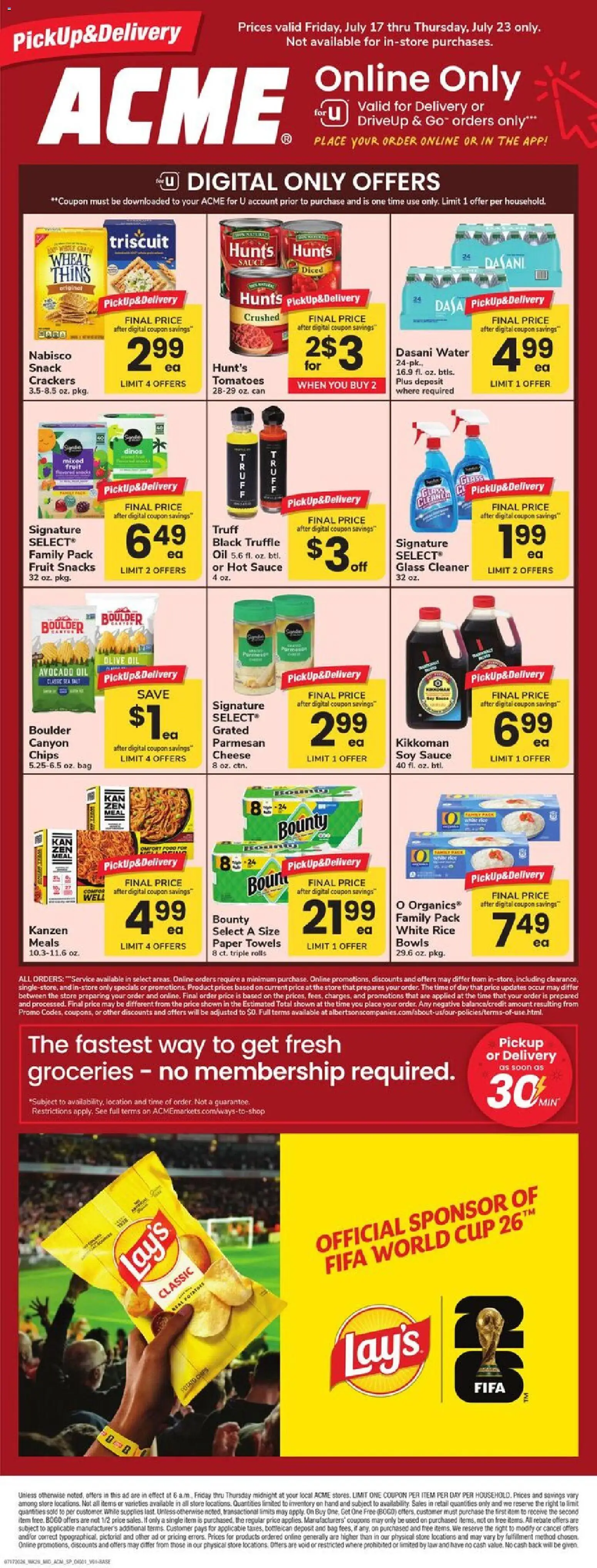 Acme Specialty Publication - valid from 07/17/2026 | Page: 1 | Products: Cheese, Chips, Water, Bag
